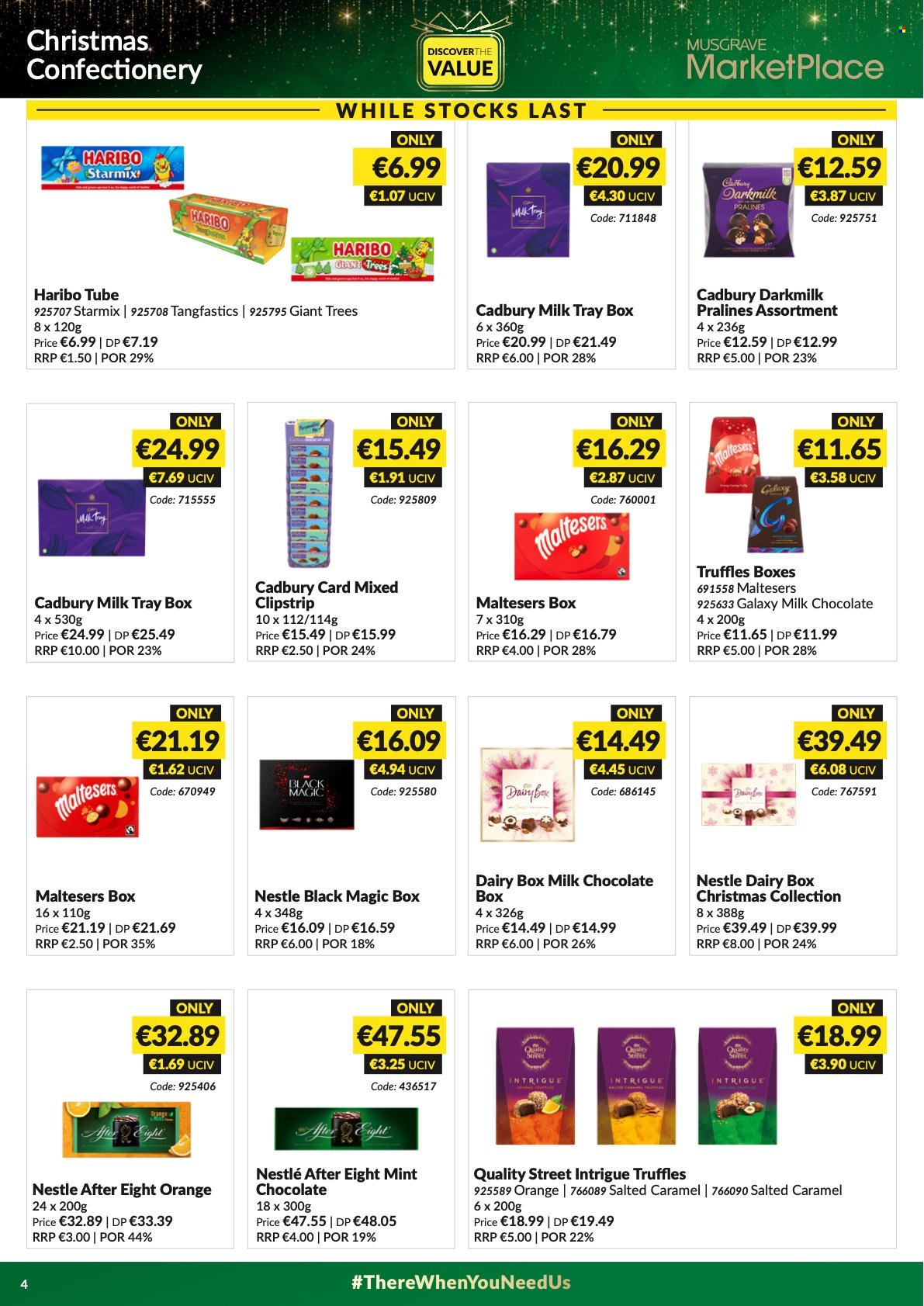 thumbnail - MUSGRAVE Market Place offer  - 21.11.2021 - 25.12.2021 - Sales products - oranges, milk chocolate, Nestlé, pralines, chocolate, Haribo, truffles, After Eight, Maltesers, Milk Tray, Cadbury. Page 4.