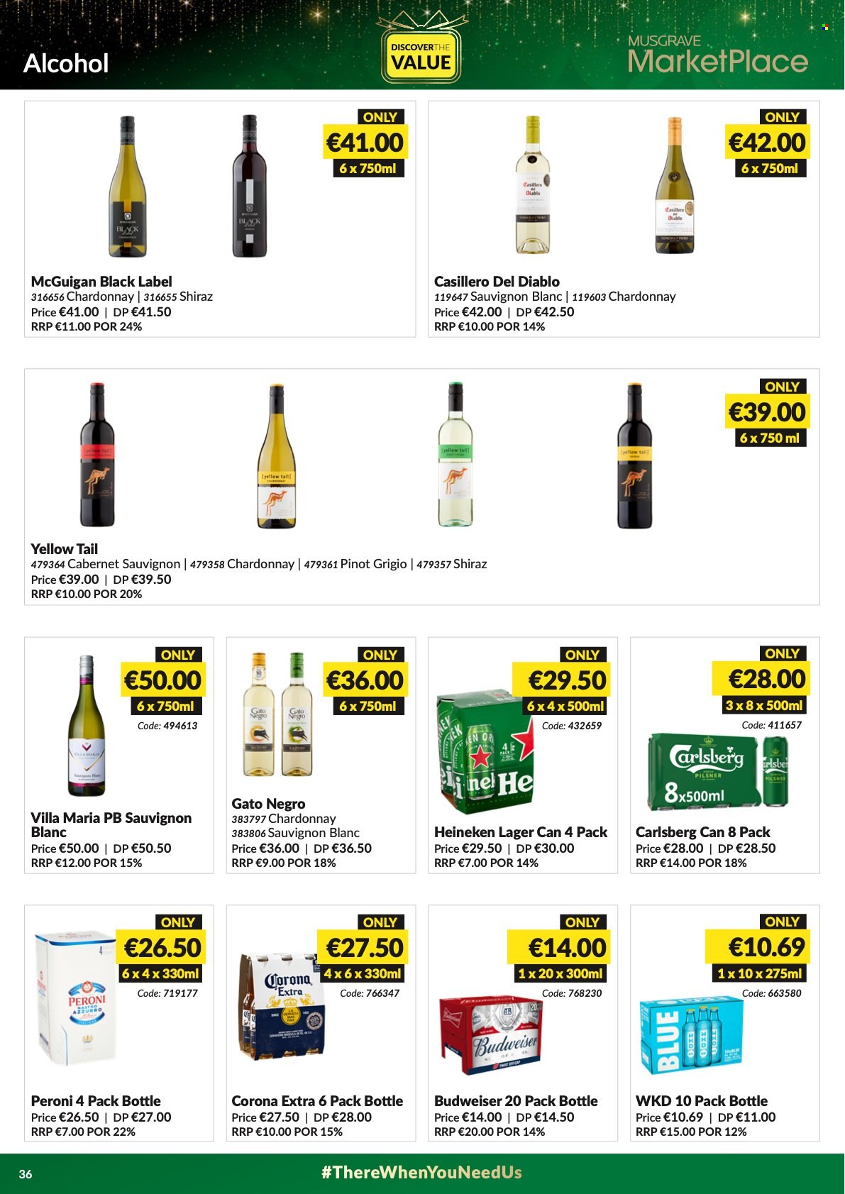 thumbnail - MUSGRAVE Market Place offer  - 21.11.2021 - 25.12.2021 - Sales products - Cabernet Sauvignon, red wine, white wine, Chardonnay, wine, alcohol, Shiraz, Pinot Grigio, Sauvignon Blanc, beer, Corona Extra, Heineken, Carlsberg, Peroni, Lager, Budweiser. Page 36.