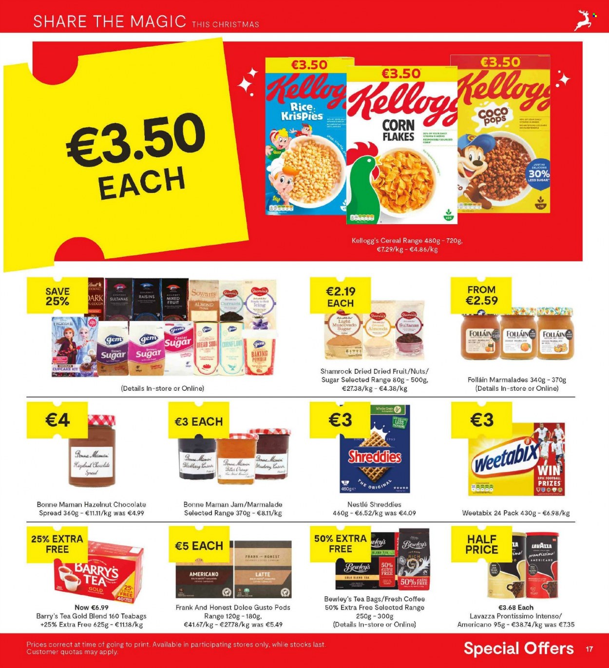 thumbnail - SuperValu offer  - 25.11.2021 - 08.12.2021 - Sales products - bread, cupcake, Nestlé, chocolate, Kellogg's, baking powder, cane sugar, cocoa, muscovado sugar, cereals, corn flakes, coco pops, Weetabix, rice, fruit jam, almonds, currants, raisins, sultanas, dried fruit, tea bags, coffee, Dolce Gusto, Intenso, Lavazza. Page 17.