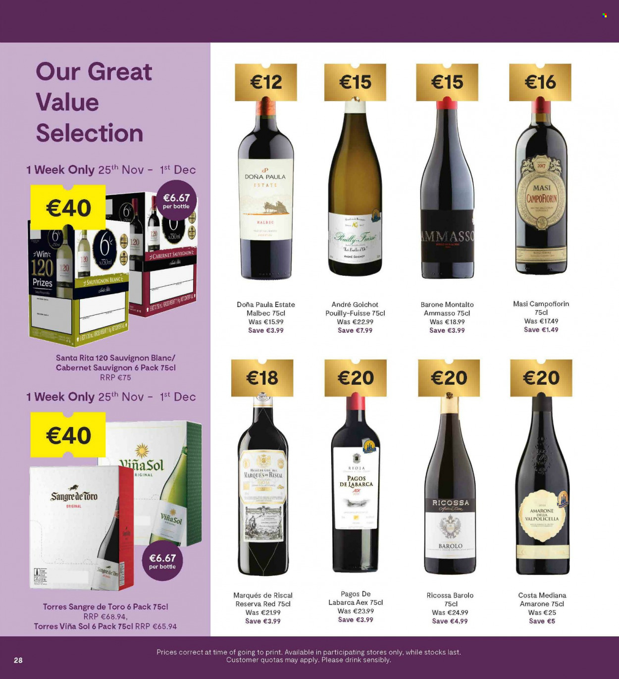thumbnail - SuperValu offer  - 25.11.2021 - 08.12.2021 - Sales products - Cabernet Sauvignon, red wine, white wine, wine, Sauvignon Blanc, Sol. Page 28.