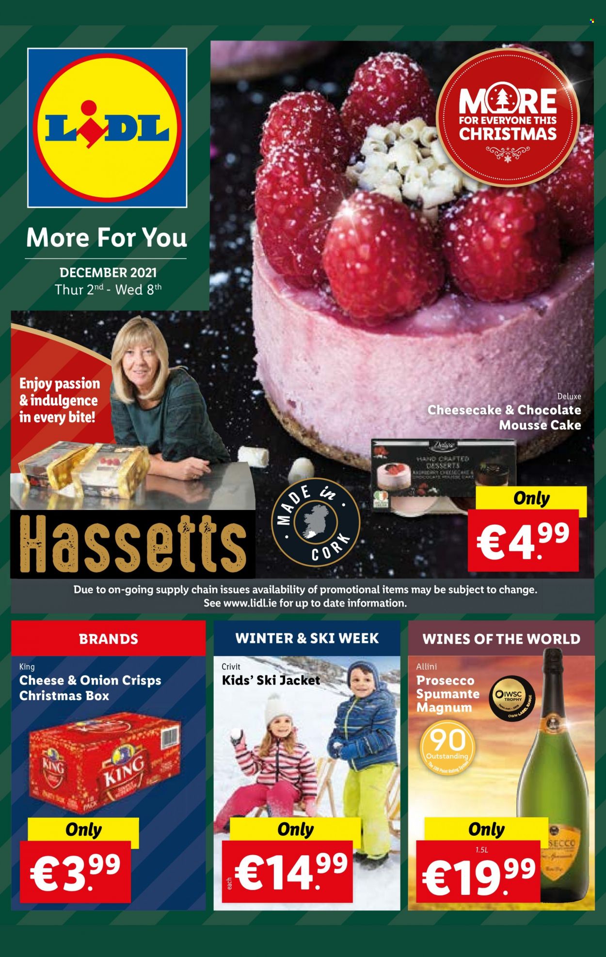 thumbnail - Lidl offer  - 02.12.2021 - 08.12.2021 - Sales products - Crivit, cake, cheesecake, corn, Magnum, chocolate, spumante, prosecco, jacket. Page 1.