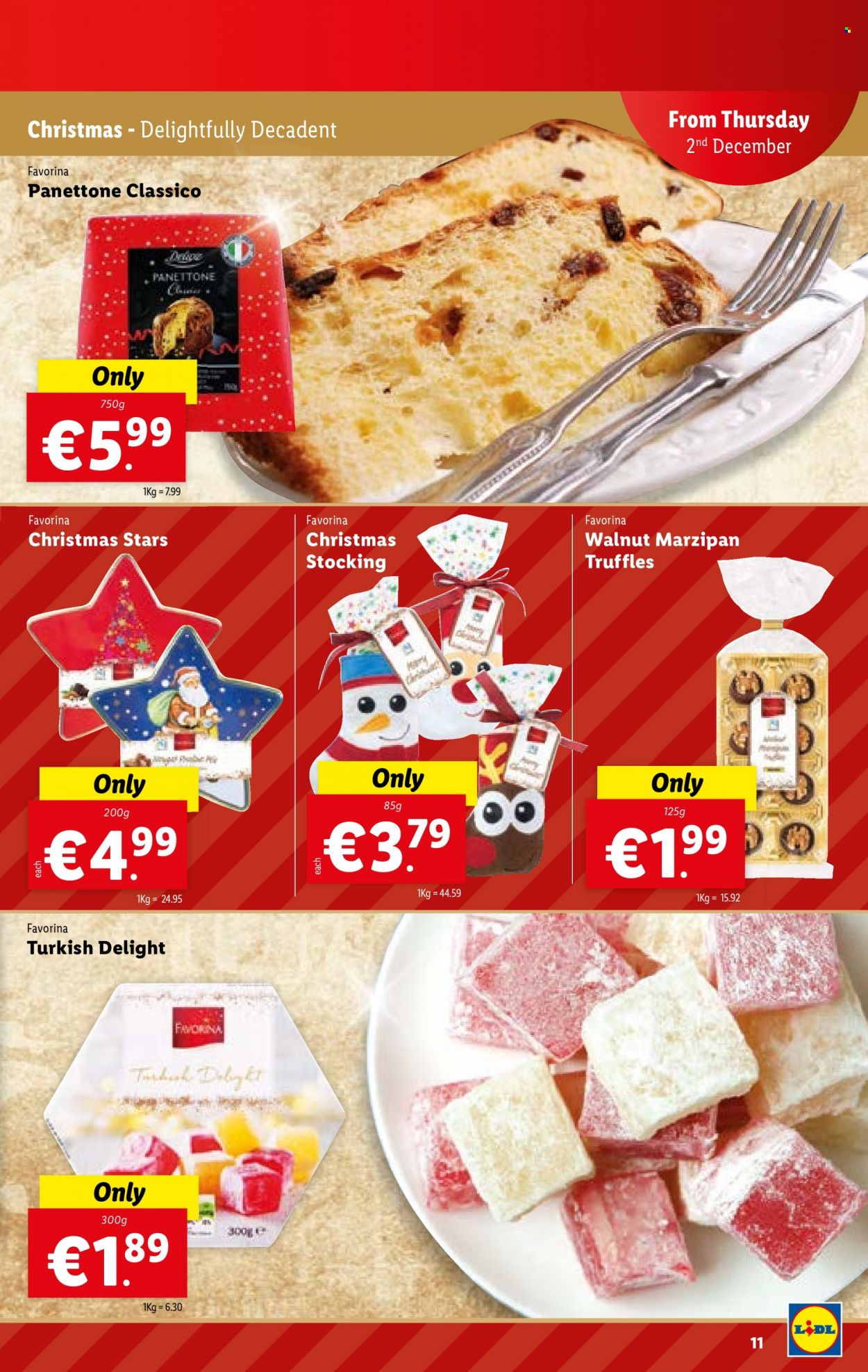 thumbnail - Lidl offer  - 02.12.2021 - 08.12.2021 - Sales products - panettone, truffles, marzipan, Classico. Page 11.