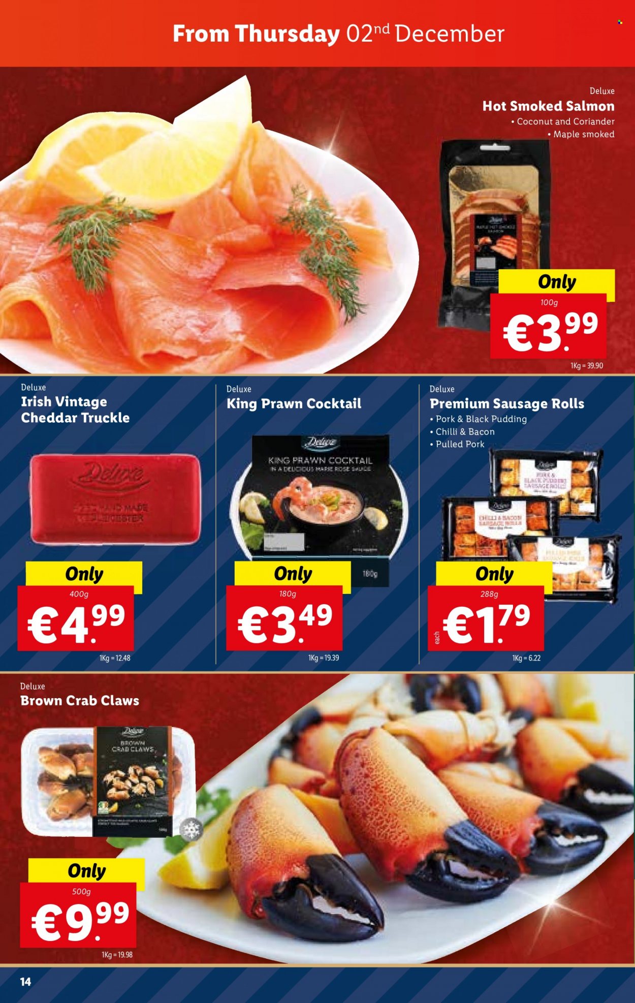 thumbnail - Lidl offer  - 02.12.2021 - 08.12.2021 - Sales products - sausage rolls, coconut, salmon, smoked salmon, prawns, crab, pulled pork, bacon, black pudding, sausage, cheddar, cheese, coriander, pork meat. Page 14.