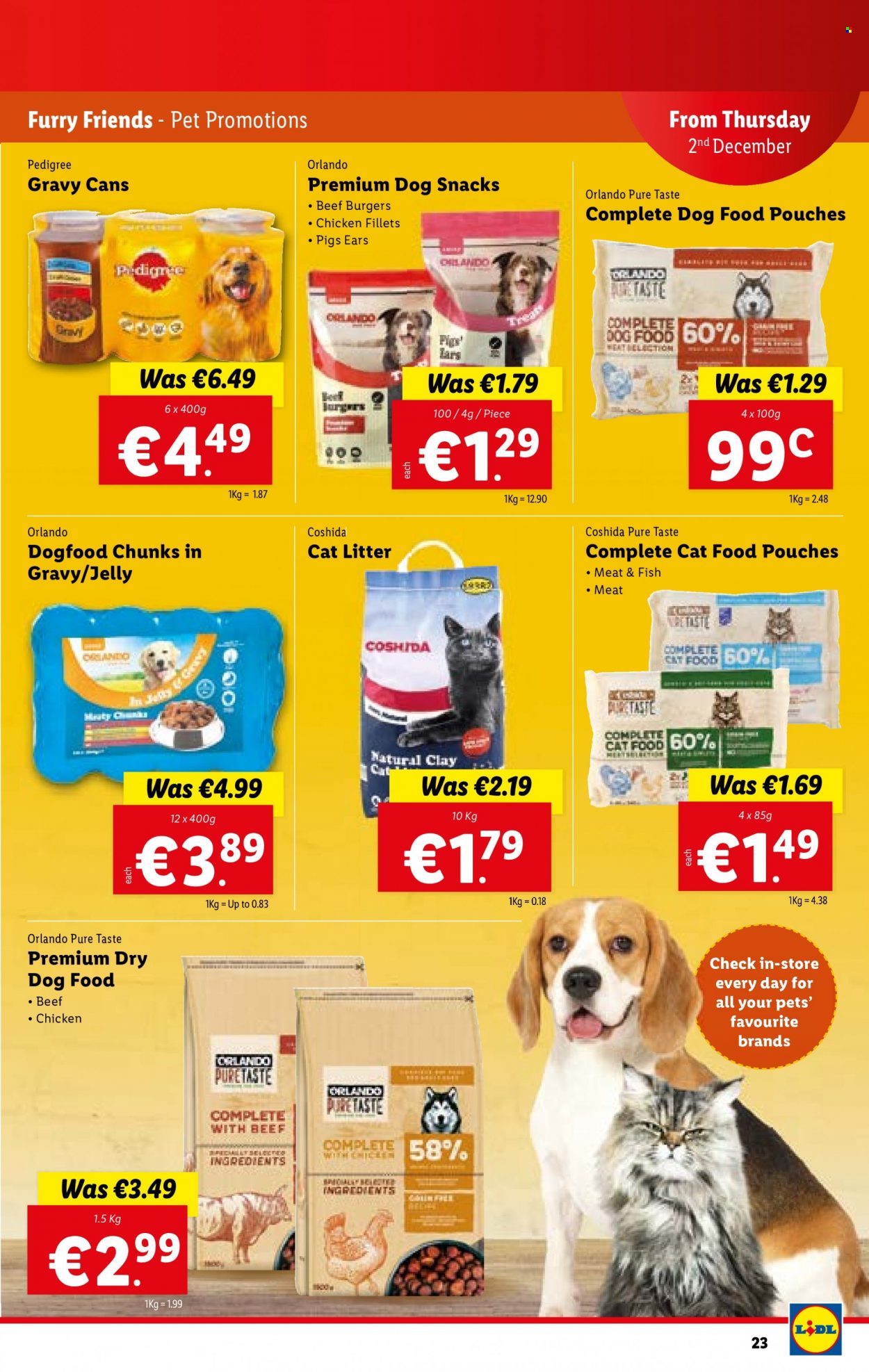 thumbnail - Lidl offer  - 02.12.2021 - 08.12.2021 - Sales products - fish, hamburger, beef burger, snack, jelly, cat litter, animal food, cat food, dog food, Pedigree. Page 23.