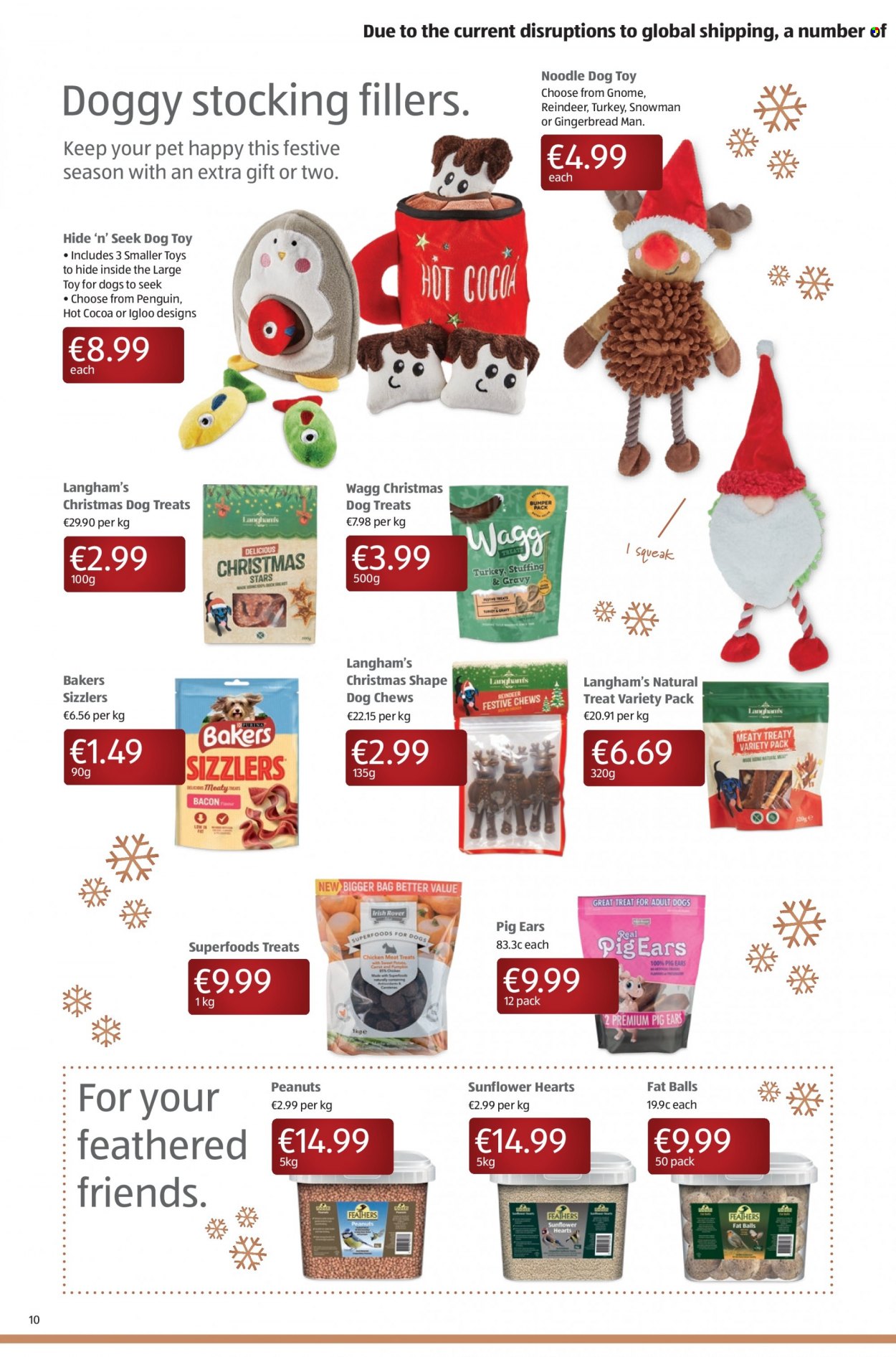 thumbnail - Aldi offer  - 02.12.2021 - 08.12.2021 - Sales products - gingerbread, noodles, peanuts, hot cocoa, dog toy, animal treats, dog food, pig ears, Bakers, dog chews, reindeer, penguin, toys, sunflower. Page 10.
