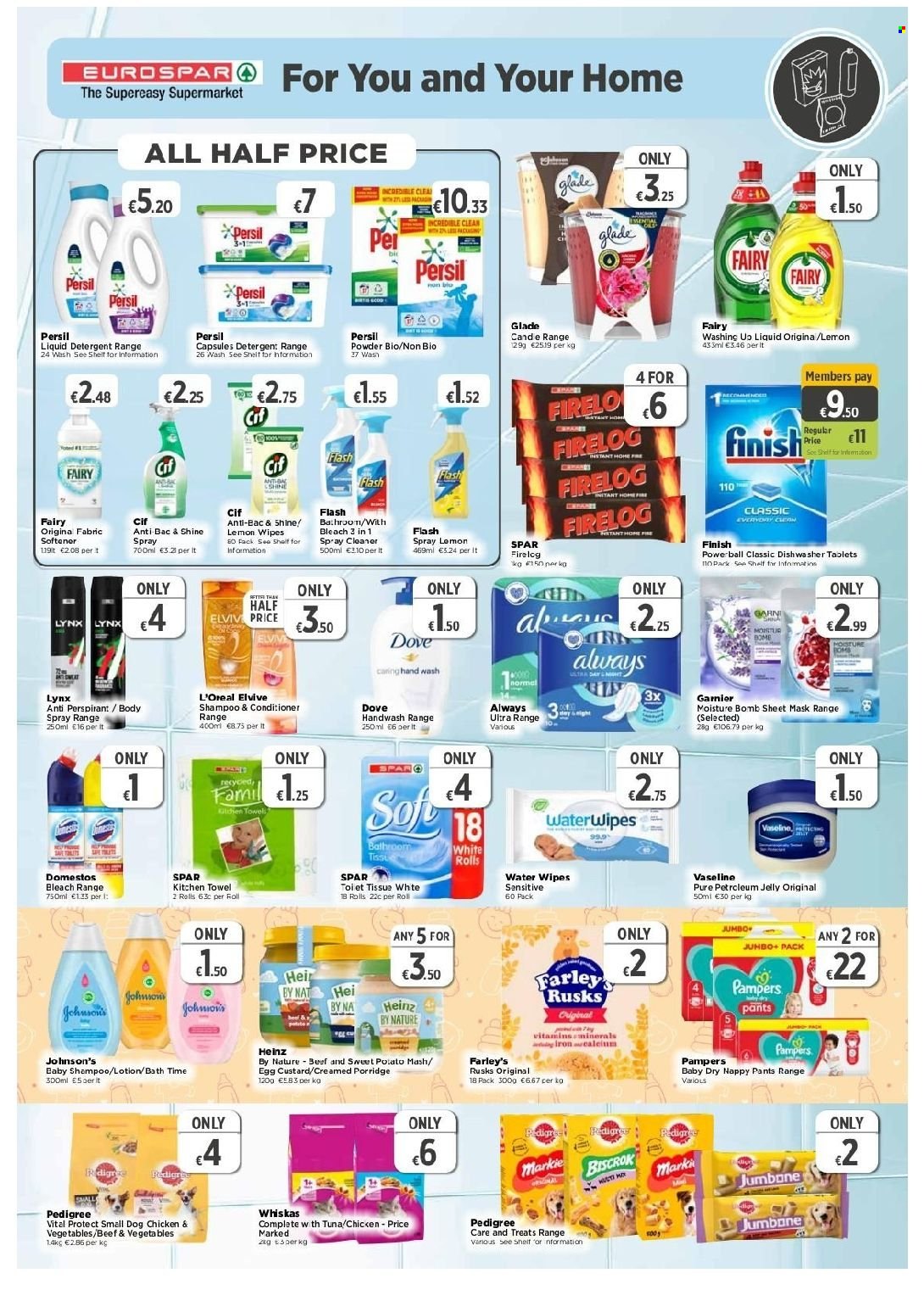 EUROSPAR offer  - 11.11.2021 - 1.12.2021 - Sales products - rusks, tuna, custard, eggs, jelly, Heinz, porridge, wipes, Pampers, pants, nappies, Johnson's, Dove, tissues, kitchen towels, detergent, Domestos, cleaner, bleach, Fairy, Cif, Persil, fabric softener, liquid detergent, dishwasher cleaner, dishwasher tablets, shampoo, hand wash, Vaseline, Garnier, L’Oréal, conditioner, body lotion, body spray, Glade, Whiskas, Pedigree. Page 7.