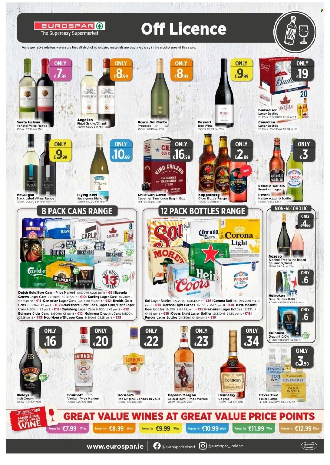thumbnail - EUROSPAR offer  - 11.11.2021 - 01.12.2021 - Sales products - kiwi, Santa, tonic, Cabernet Sauvignon, red wine, spumante, white wine, wine, Syrah, Pinot Grigio, Sauvignon Blanc, rosé wine, Captain Morgan, cognac, gin, rum, Smirnoff, spiced rum, vodka, irish cream, Hennessy, Gordon's, Kopparberg, cider, beer, Corona Extra, Heineken, Bulmers, Carlsberg, Guinness, Peroni, Carling, Sol, Lager, Rockshore, bag, Budweiser, Coors. Page 8.