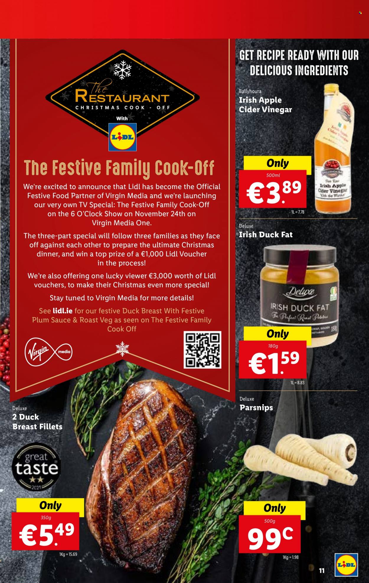 thumbnail - Lidl offer  - 09.12.2021 - 15.12.2021 - Sales products - parsnips, apple cider vinegar, vinegar, duck meat, duck breasts, clock, TV. Page 11.