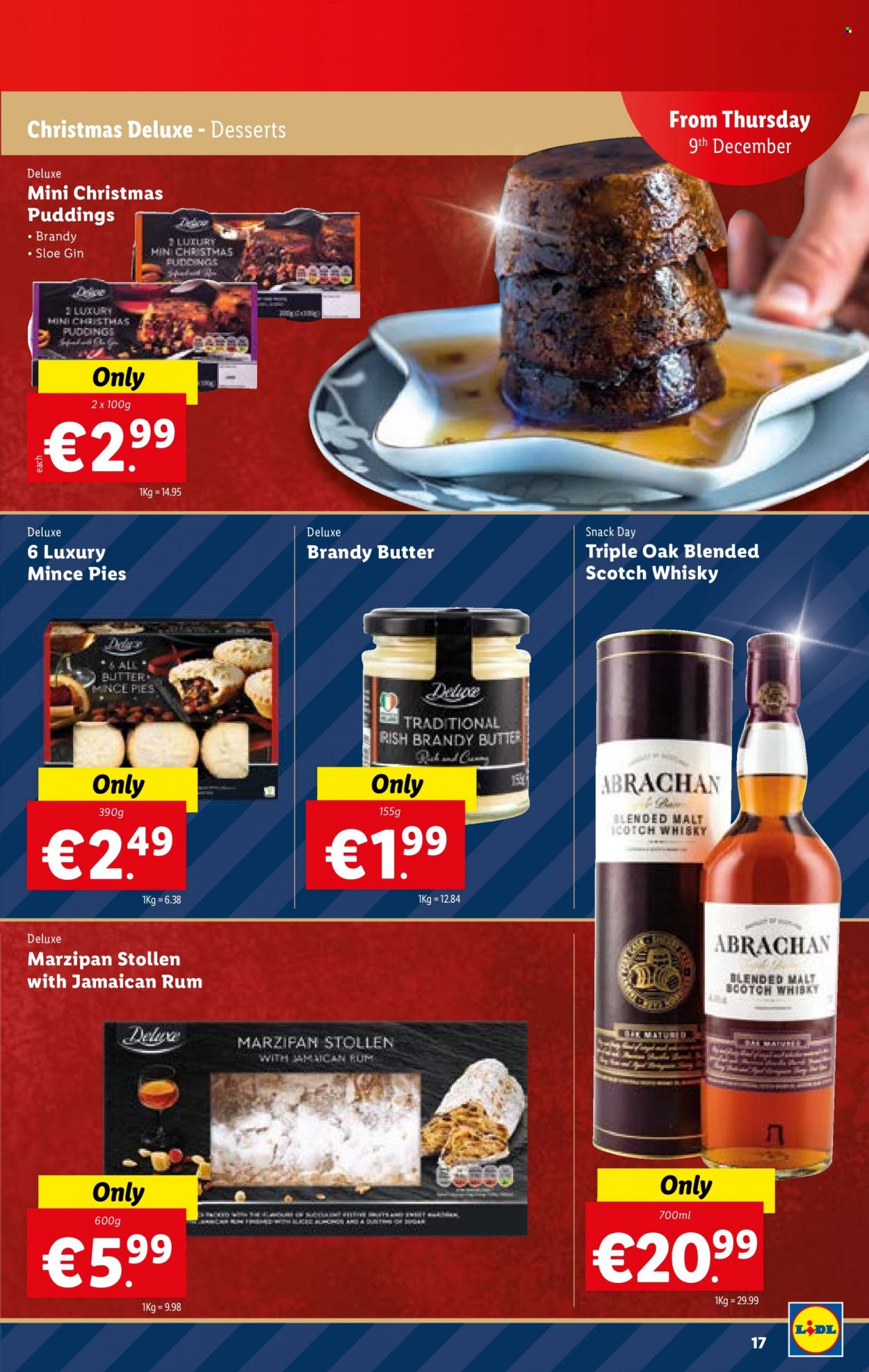 thumbnail - Lidl offer  - 09.12.2021 - 15.12.2021 - Sales products - marzipan stollen, stollen, pudding, snack, malt, brandy, gin, rum, scotch whisky, whisky. Page 17.