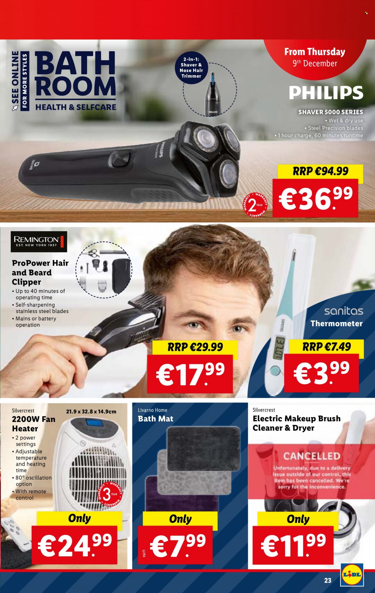 thumbnail - Lidl offer  - 09.12.2021 - 15.12.2021 - Sales products - Philips, SilverCrest, cleaner, shaver, trimmer, makeup, thermometer, bath mat, Remington, heater. Page 23.