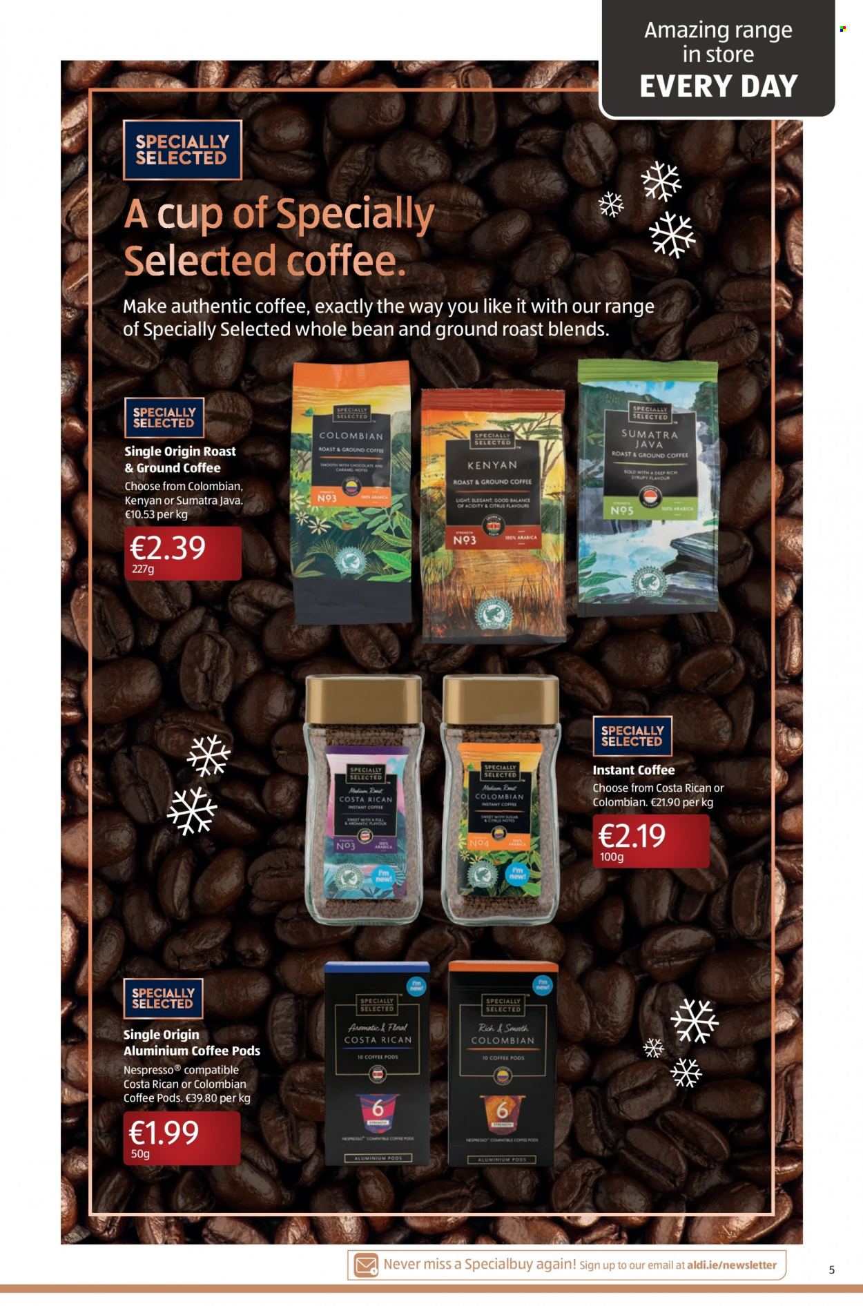 thumbnail - Aldi offer  - 07.12.2021 - 13.12.2021 - Sales products - coffee pods, instant coffee, Nespresso, ground coffee. Page 5.