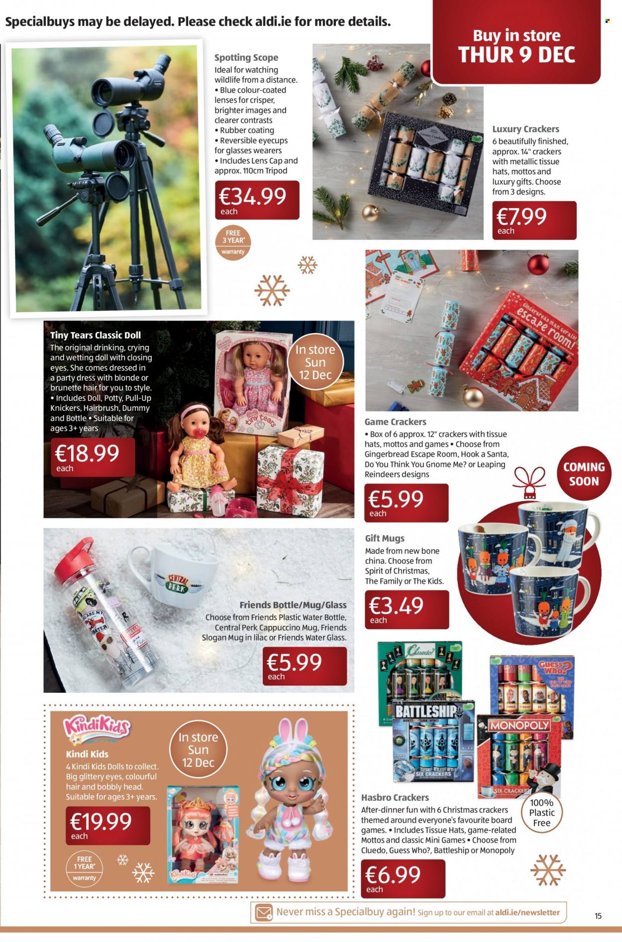 thumbnail - Aldi offer  - 07.12.2021 - 13.12.2021 - Sales products - gingerbread, crackers, Santa, cappuccino, tissues, mug, drink bottle, eraser, christmas crackers, dress, cap, hat, doll, Monopoly, Hasbro, Guess Who, board game, lenses, scope. Page 15.