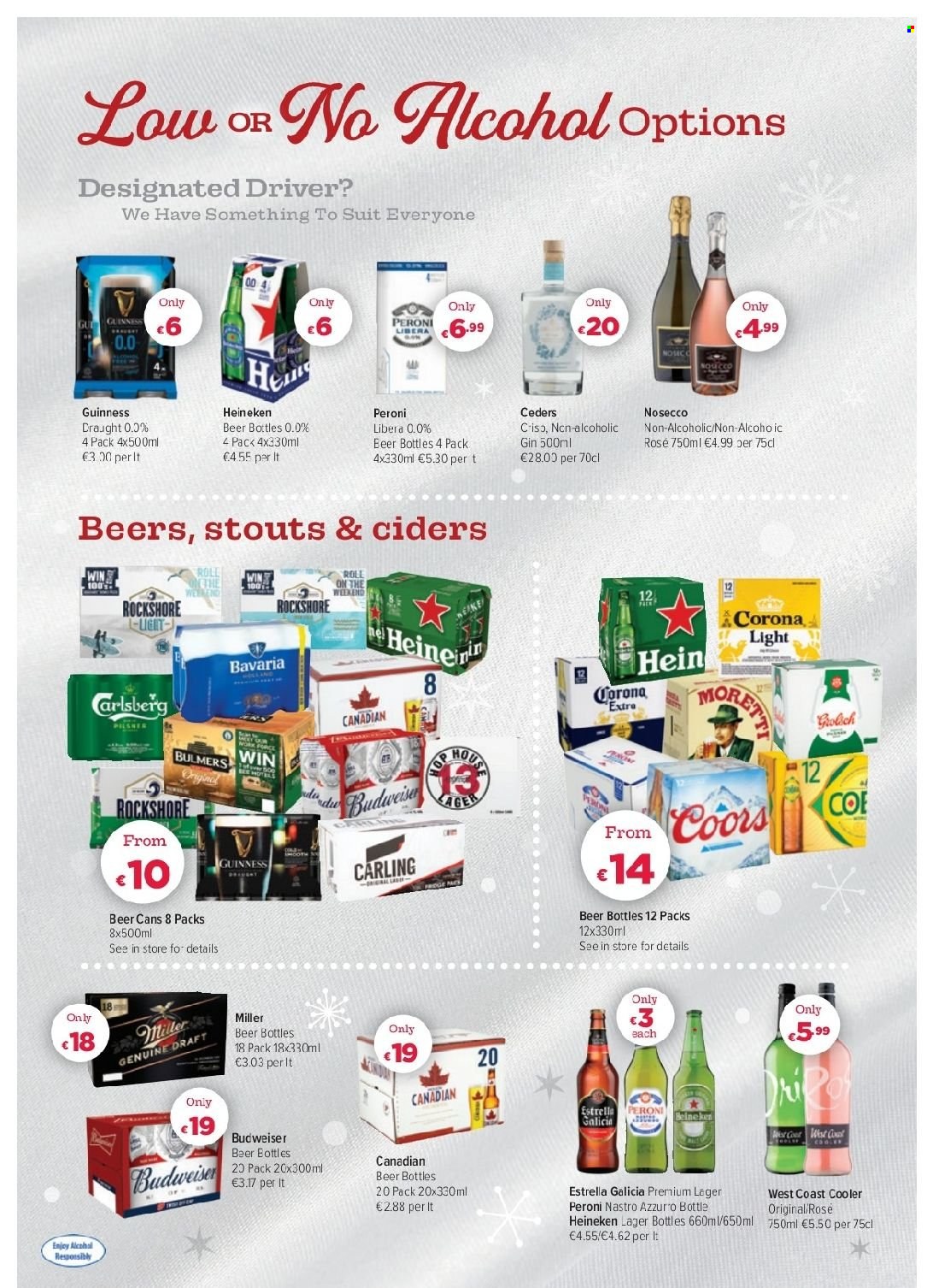 thumbnail - EUROSPAR offer  - 02.12.2021 - 29.12.2021 - Sales products - wine, alcohol, rosé wine, gin, beer, Corona Extra, Heineken, Bulmers, Guinness, Peroni, Carling, Miller, Lager, Rockshore, roll-on, Budweiser, Coors. Page 2.