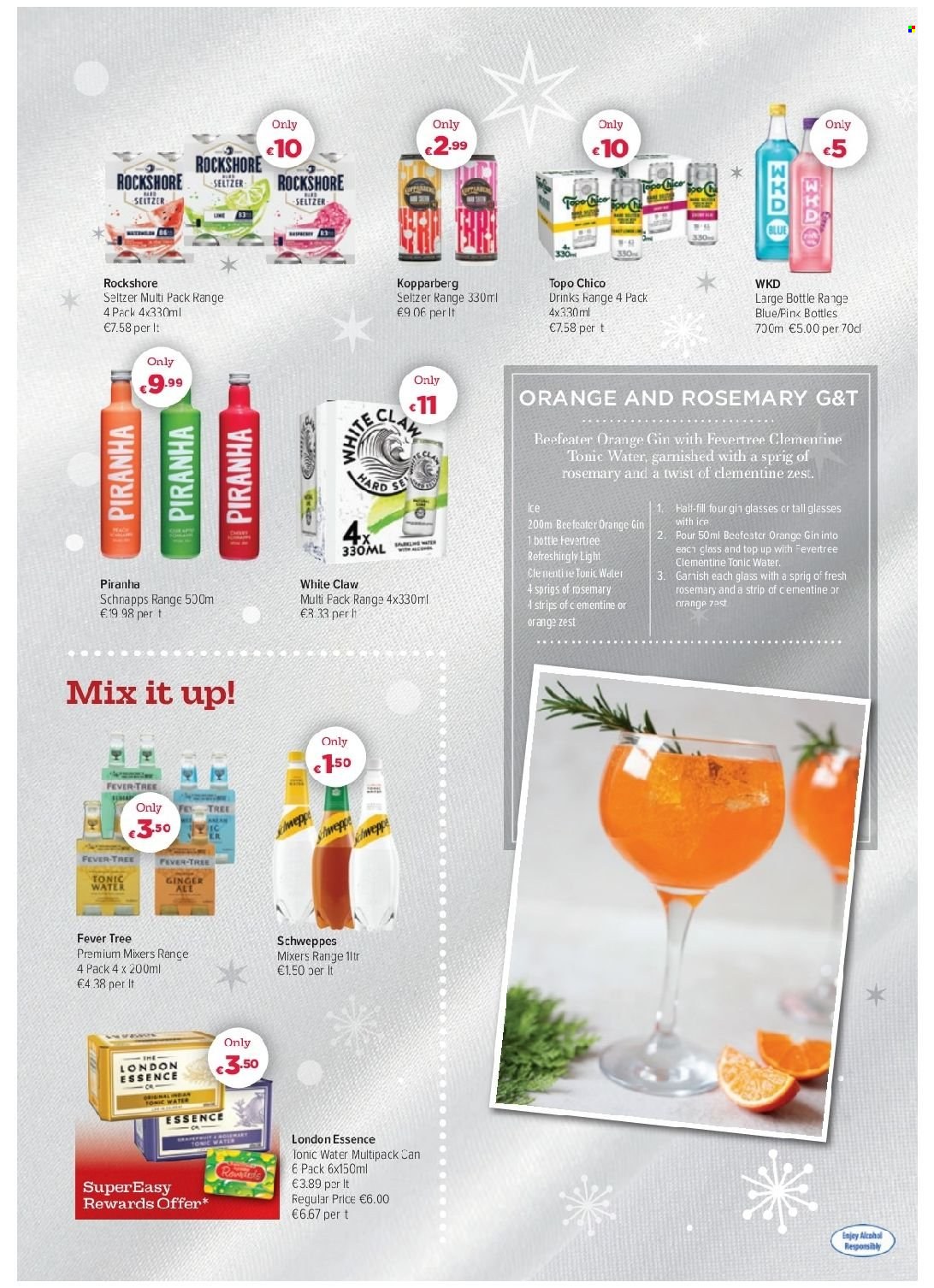 thumbnail - EUROSPAR offer  - 02.12.2021 - 29.12.2021 - Sales products - ginger, oranges, strips, rosemary, Schweppes, tonic, seltzer water, gin, Beefeater, Kopparberg, White Claw, Rockshore. Page 14.
