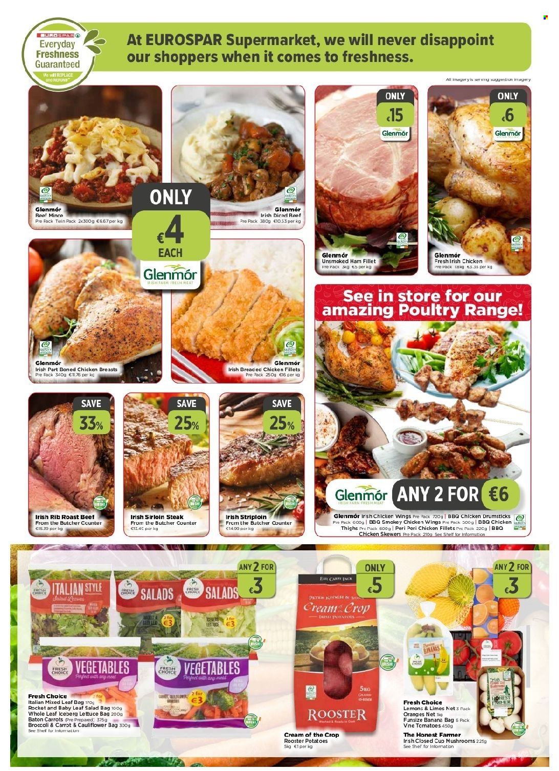 thumbnail - EUROSPAR offer  - 02.12.2021 - 29.12.2021 - Sales products - mushrooms, broccoli, carrots, cauliflower, rocket, potatoes, lettuce, salad, bananas, limes, lemons, ham, chicken wings, chicken breasts, chicken drumsticks, beef meat, beef sirloin, ground beef, steak, roast beef, sirloin steak. Page 2.