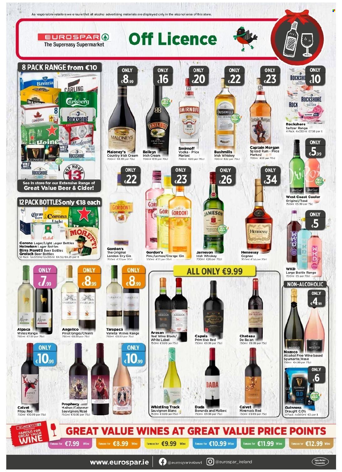 EUROSPAR offer  - 2.12.2021 - 29.12.2021 - Sales products - red wine, Spumante, white wine, wine, Tarapacá, Pinot Grigio, Sauvignon Blanc, rosé wine, Captain Morgan, gin, rum, Smirnoff, spiced rum, vodka, whiskey, irish cream, irish whiskey, Jameson, Baileys, Hennessy, Gordon's, whisky, cider, Corona, Heineken, Guinness, Carling, Grolsch, Lager, Rockshore. Page 8.