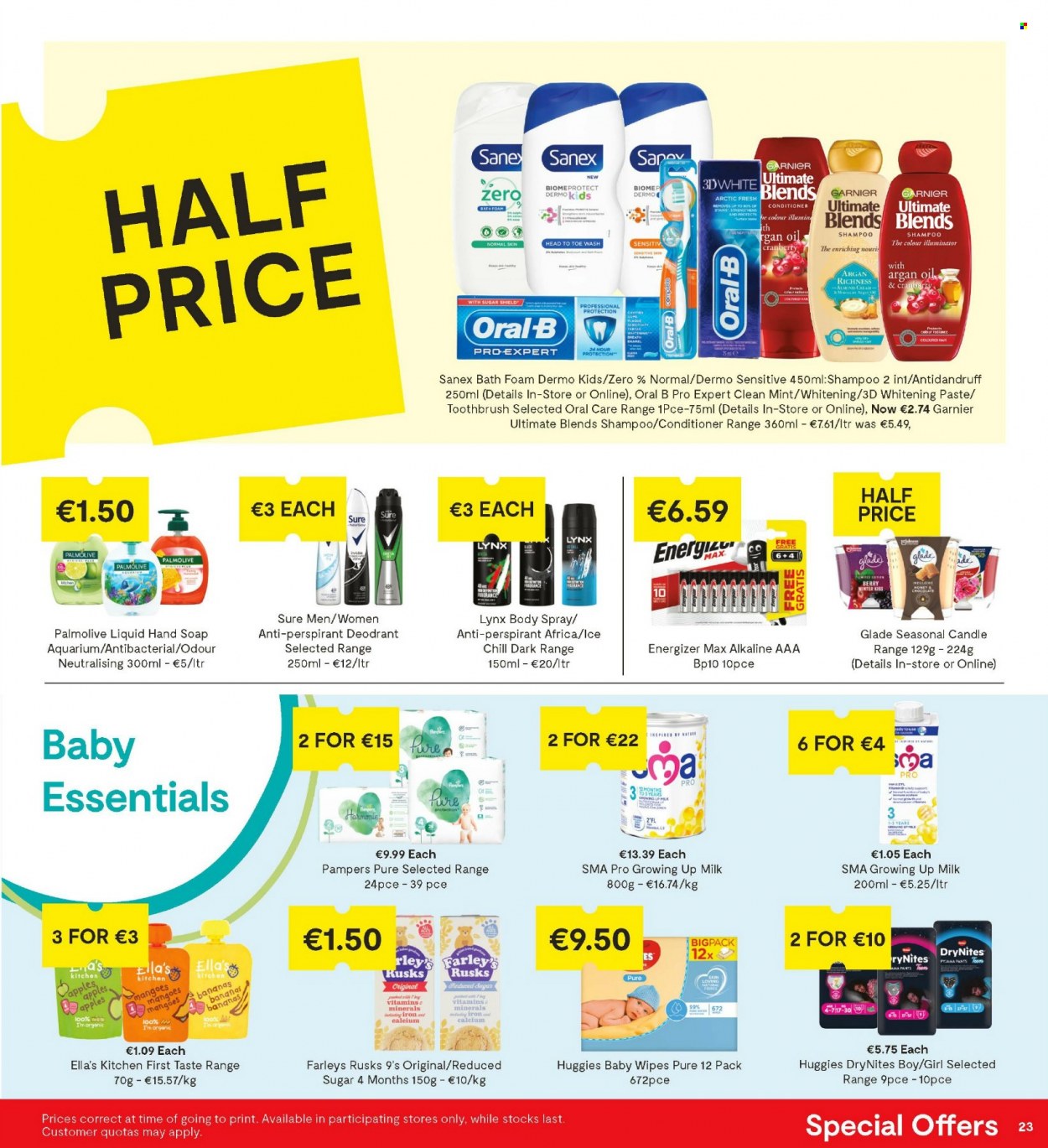 thumbnail - SuperValu offer  - 09.12.2021 - 22.12.2021 - Sales products - rusks, bananas, apples, clams, milk, oil, Ron Pelicano, wipes, Huggies, Pampers, pants, baby wipes, DryNites, shampoo, hand soap, bath foam, Palmolive, soap, toothbrush, Oral-B, Garnier, conditioner, body spray, anti-perspirant, fragrance, Sure, Sanex, candle, Glade, Energizer, aquarium, calcium. Page 23.