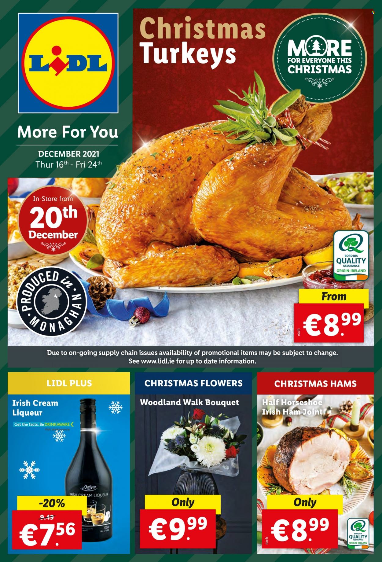 thumbnail - Lidl offer  - 16.12.2021 - 24.12.2021 - Sales products - ham, liqueur, irish cream, bouquet. Page 1.