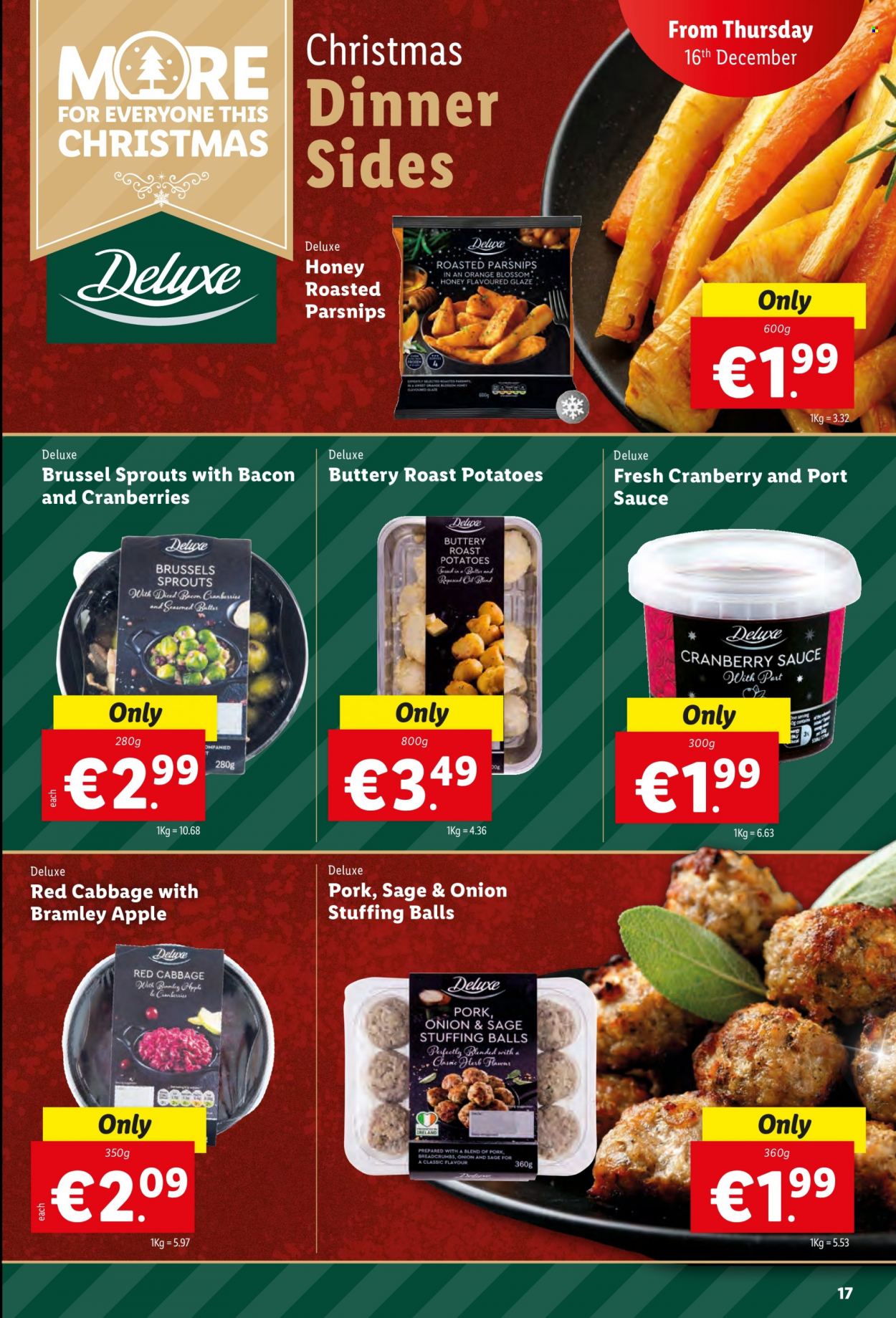 thumbnail - Lidl offer  - 16.12.2021 - 24.12.2021 - Sales products - Apple, cabbage, potatoes, parsnips, brussel sprouts, oranges, sauce, Blossom, cranberries, herbs, cranberry sauce, honey. Page 17.