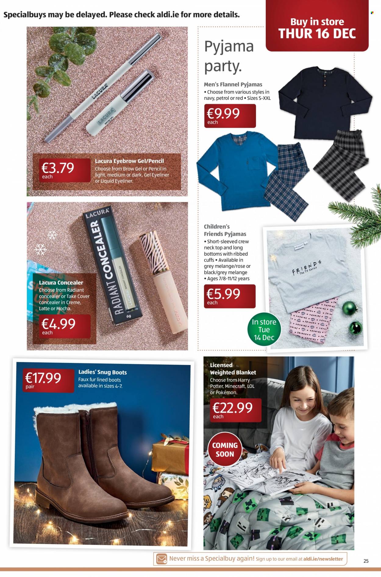 thumbnail - Aldi offer  - 13.12.2021 - 19.12.2021 - Sales products - boots, wine, rosé wine, eyeliner, Harry Potter, Pokémon, pencil, blanket, weighted blanket, Snug, pajamas, rose, corrector. Page 25.