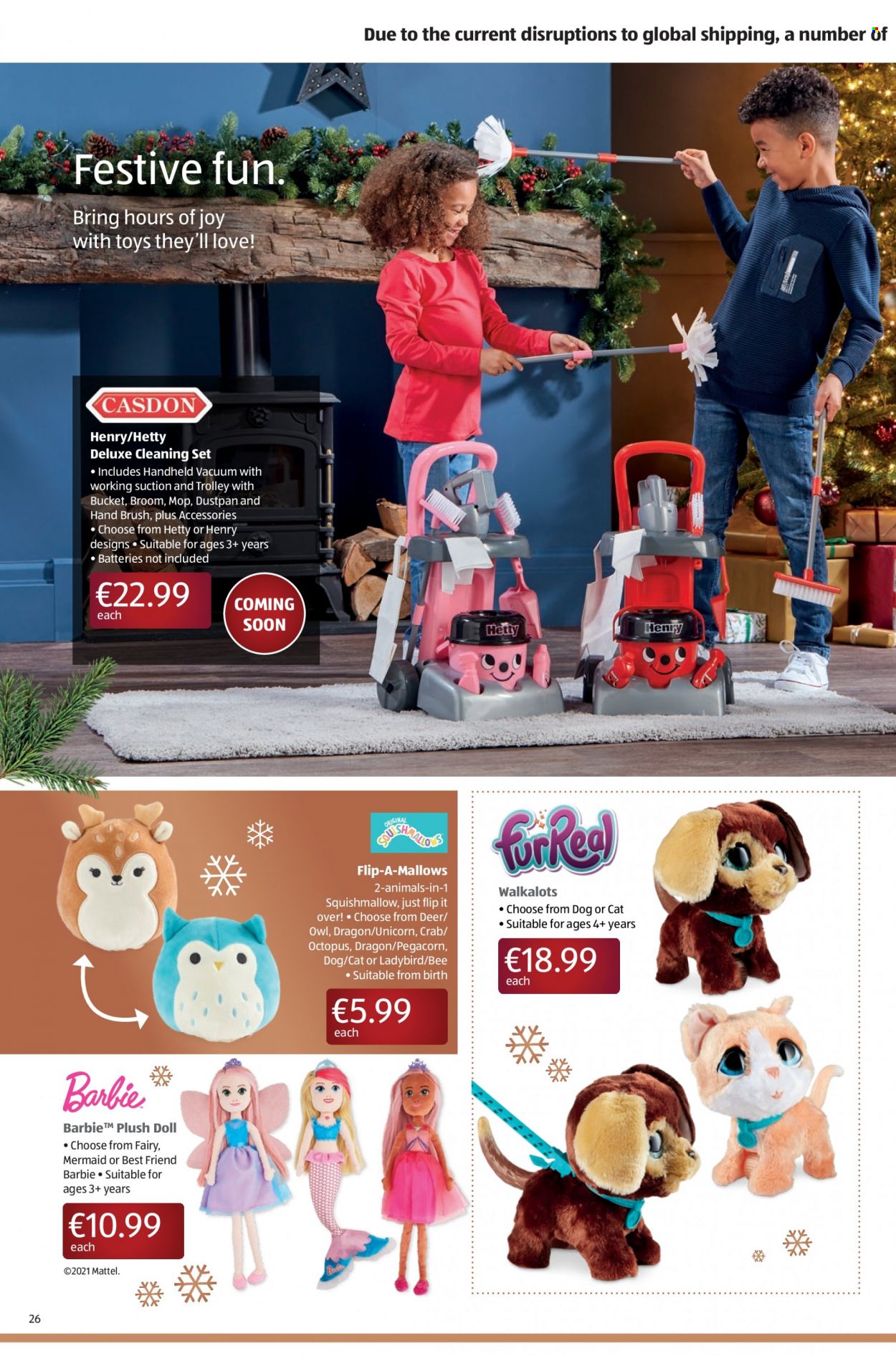 thumbnail - Aldi offer  - 13.12.2021 - 19.12.2021 - Sales products - octopus, crab, marshmallows, Fairy, Joy, cleaning set, trolley, mop, broom, Barbie, doll, Mattel, owl, Squishmallows. Page 26.