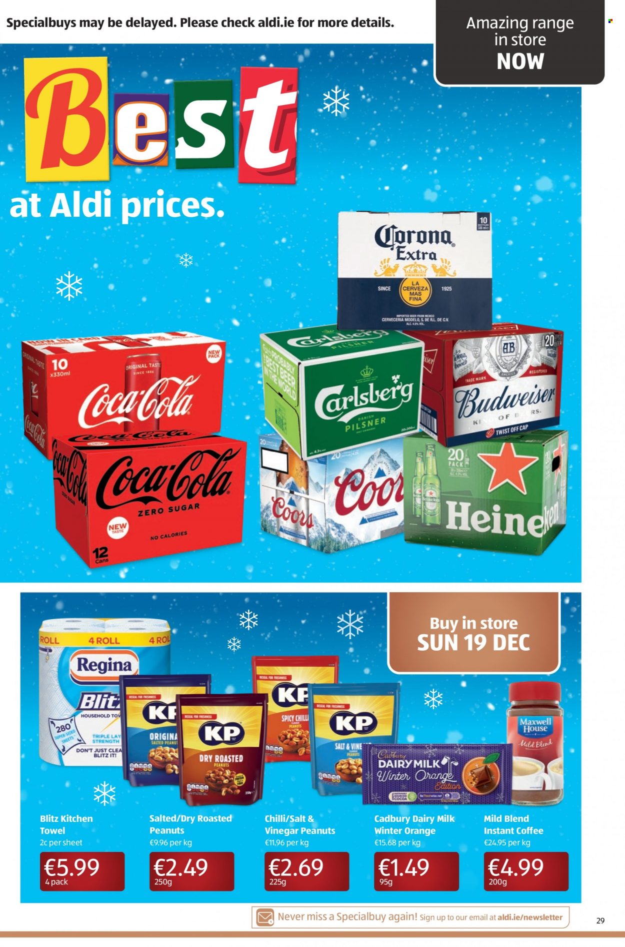 thumbnail - Aldi offer  - 13.12.2021 - 19.12.2021 - Sales products - oranges, Cadbury, Dairy Milk, vinegar, roasted peanuts, peanuts, Coca-Cola, Maxwell House, instant coffee, beer, Corona Extra, Modelo, towel, cap, Budweiser, Coors. Page 29.