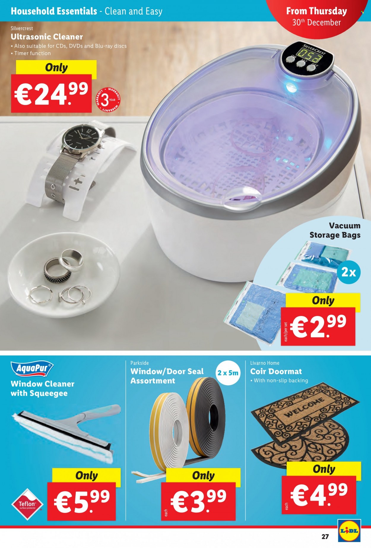 thumbnail - Lidl offer  - 27.12.2021 - 05.01.2022 - Sales products - SilverCrest, cleaner, storage bag, Blu-ray, ultrasonic cleaner, Parkside, door mat. Page 27.