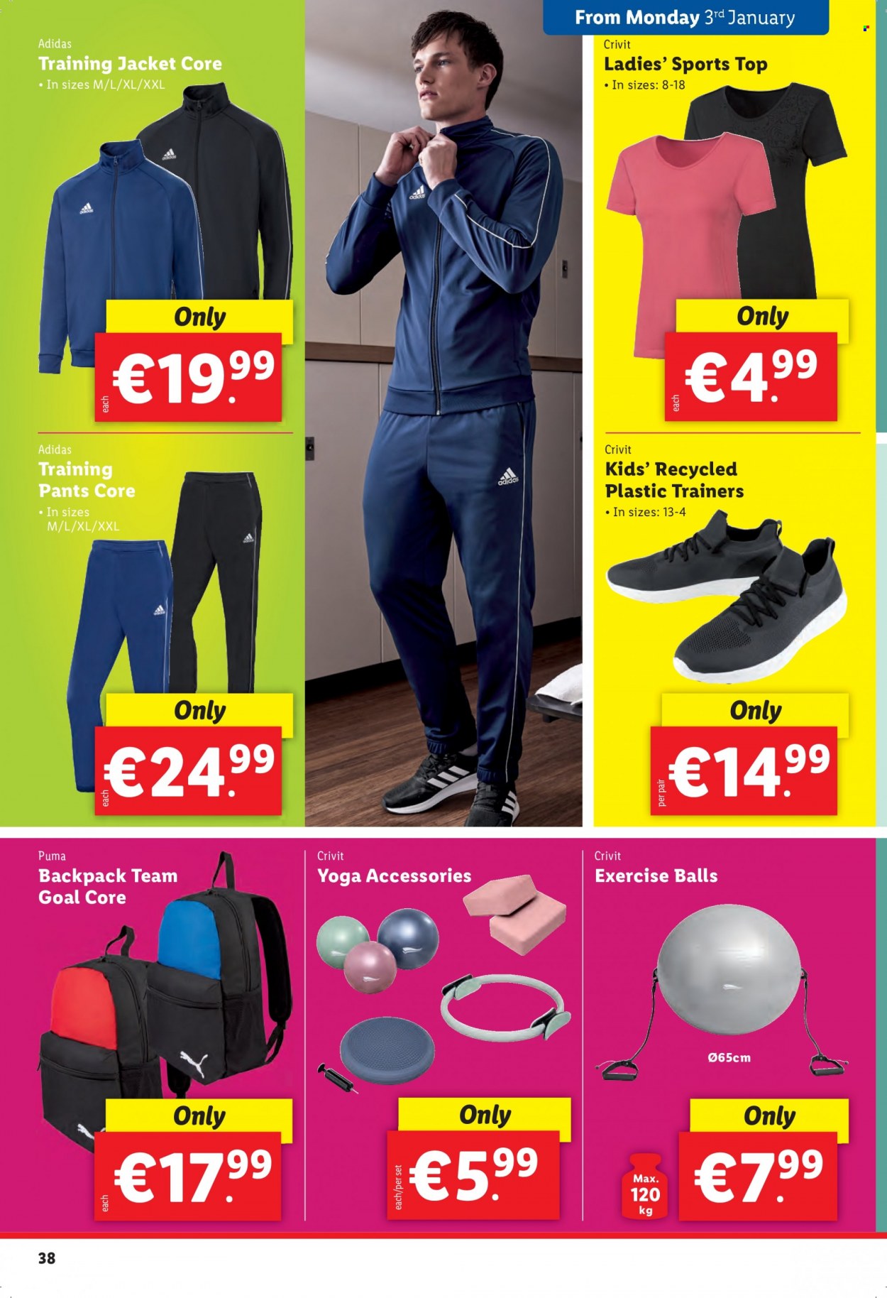 thumbnail - Lidl offer  - 27.12.2021 - 05.01.2022 - Sales products - Adidas, Puma, trainers, Crivit, pants, jacket, sports top, backpack, goal. Page 38.