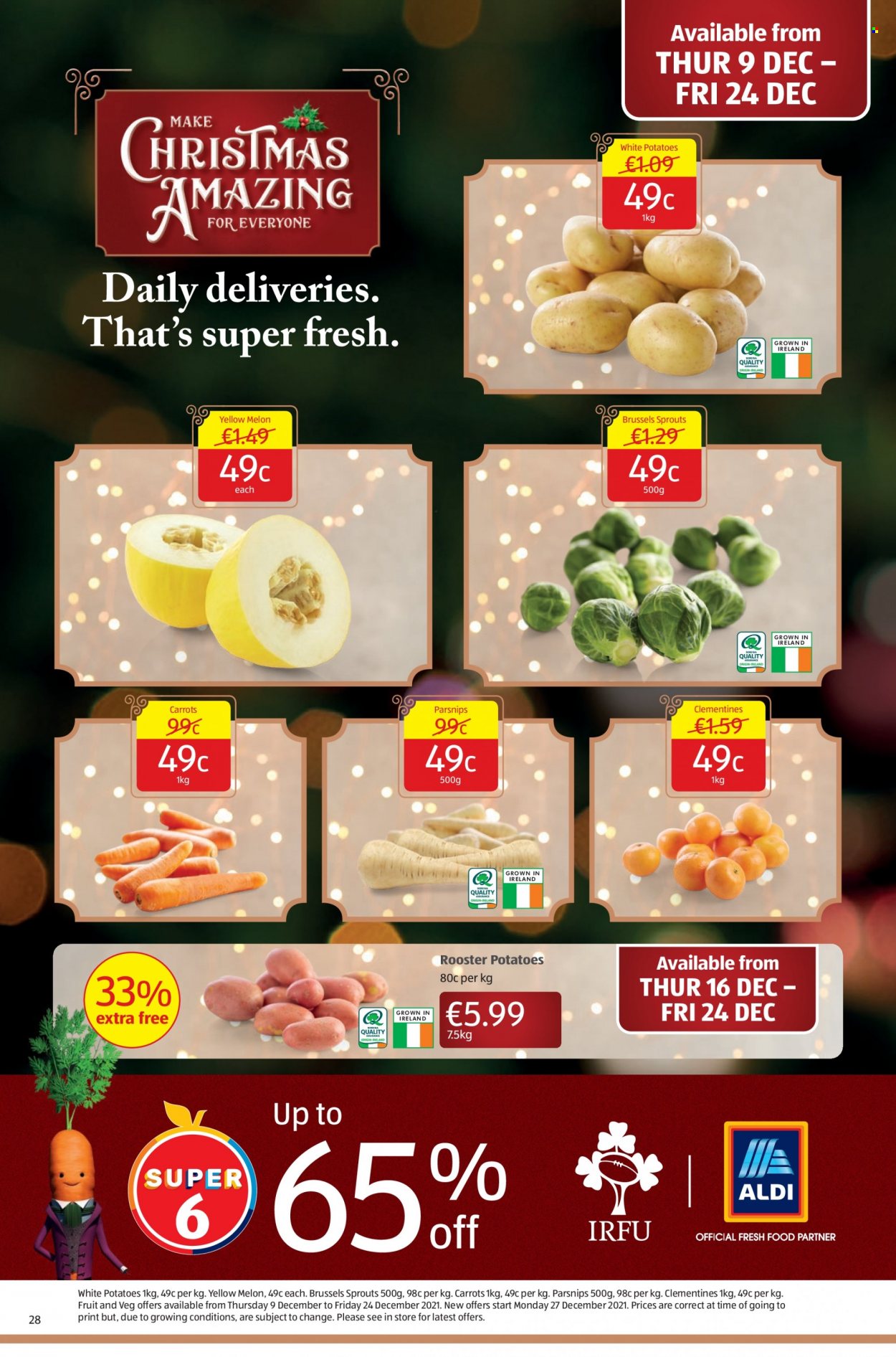 thumbnail - Aldi offer  - 19.12.2021 - 27.12.2021 - Sales products - carrots, potatoes, parsnips, brussel sprouts, clementines, melons. Page 28.