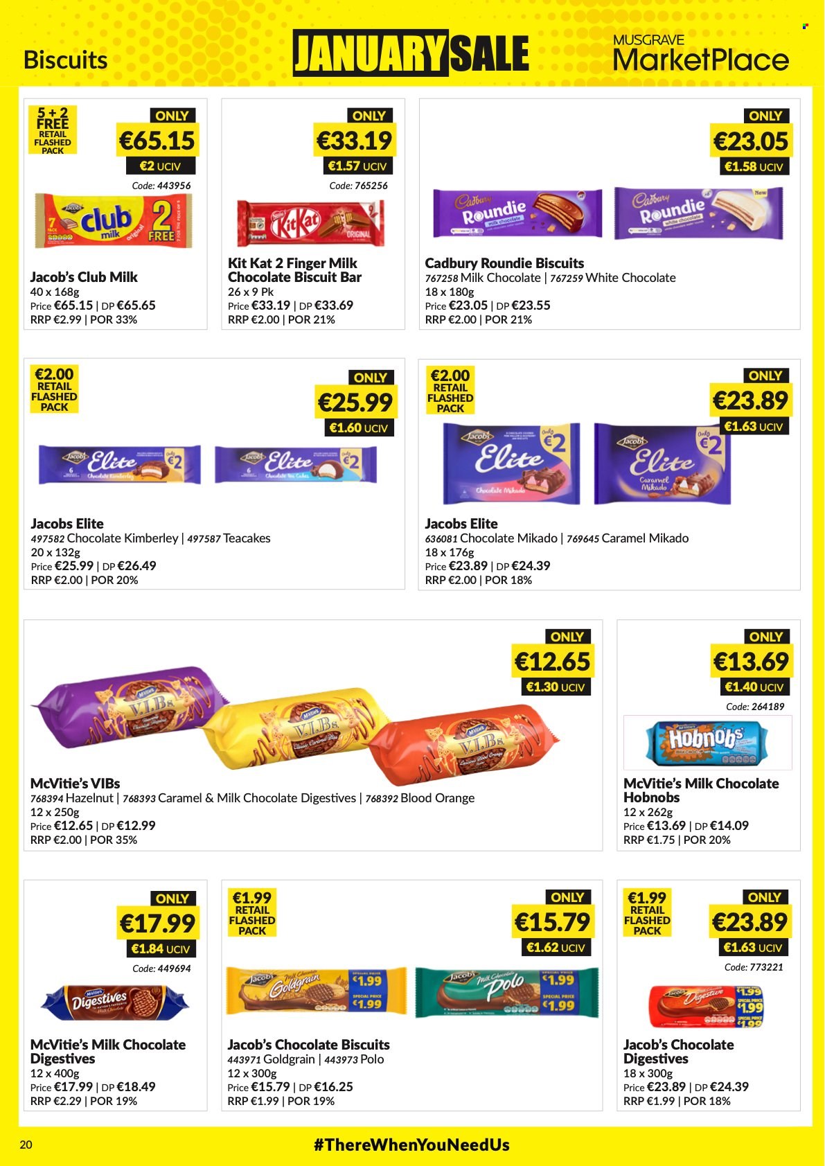 thumbnail - MUSGRAVE Market Place offer  - 26.12.2021 - 15.01.2022 - Sales products - milk chocolate, white chocolate, chocolate, KitKat, biscuit, club milk, Cadbury, caramel, Jacobs. Page 20.