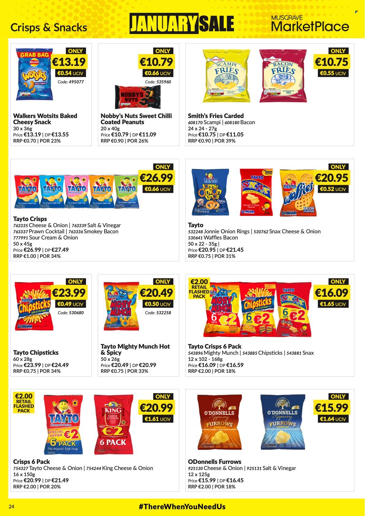 thumbnail - MUSGRAVE Market Place offer  - 26.12.2021 - 15.01.2022 - Sales products - waffles, prawns, onion rings, bacon, potato fries, snack, Smith's, Tayto, vinegar. Page 24.