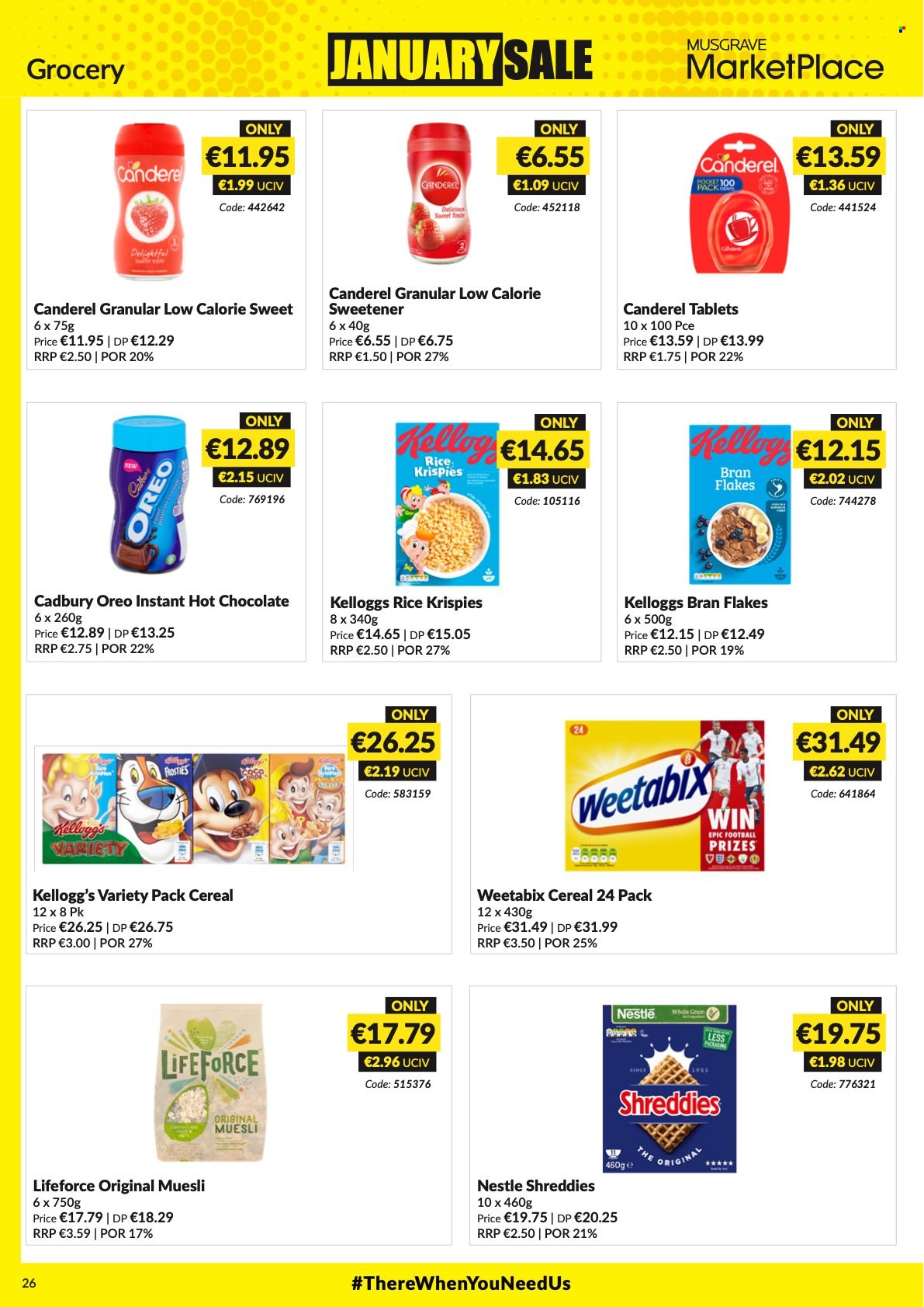 thumbnail - MUSGRAVE Market Place offer  - 26.12.2021 - 15.01.2022 - Sales products - Oreo, Nestlé, Kellogg's, Cadbury, Canderel, sweetener, cereals, muesli, Rice Krispies, Weetabix, bran flakes, hot chocolate. Page 26.