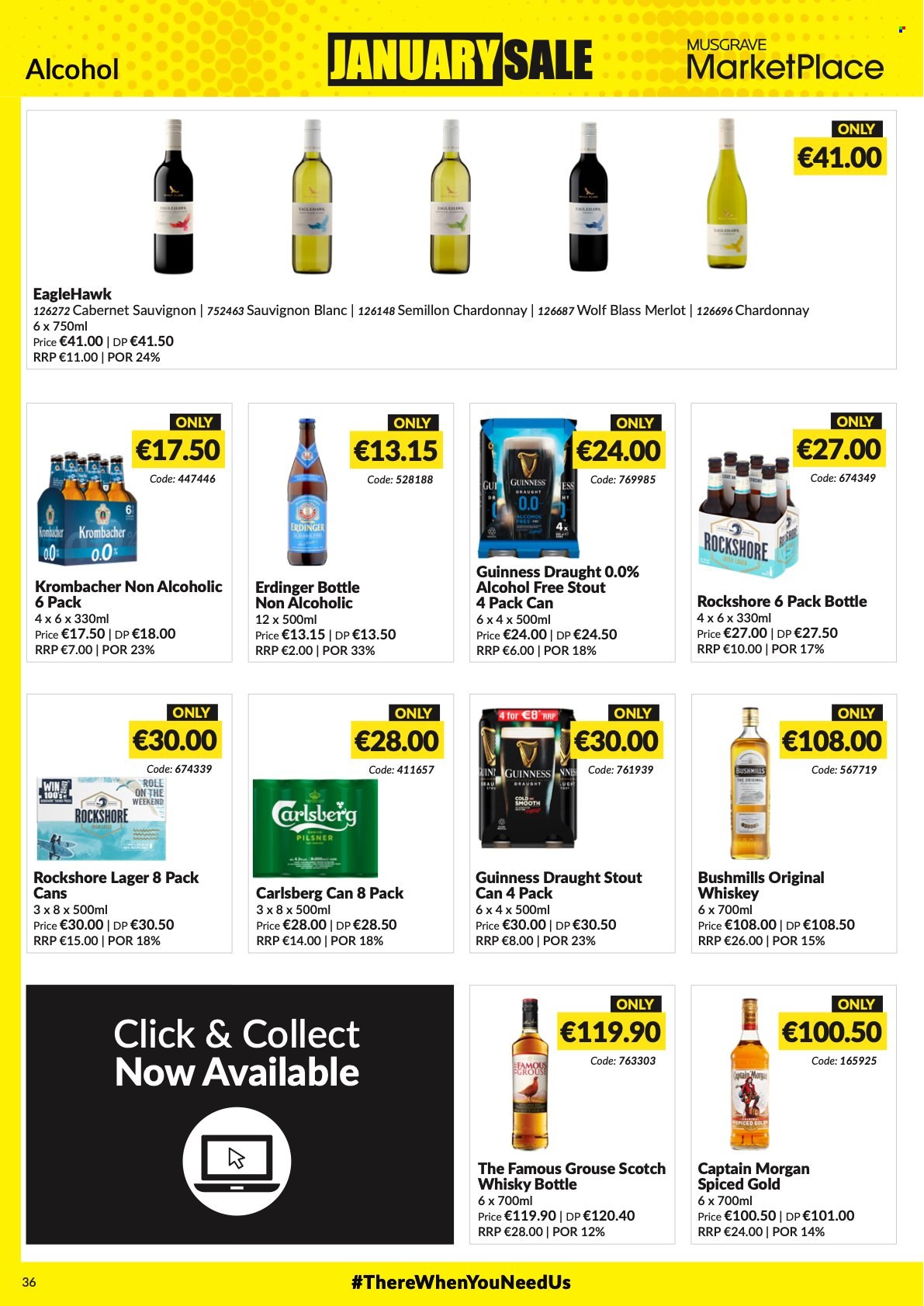 thumbnail - MUSGRAVE Market Place offer  - 26.12.2021 - 15.01.2022 - Sales products - Cabernet Sauvignon, red wine, white wine, Chardonnay, wine, Merlot, Sauvignon Blanc, Captain Morgan, whiskey, The Famous Grouse, scotch whisky, whisky, beer, Carlsberg, Guinness, Lager, Rockshore, roll-on. Page 36.