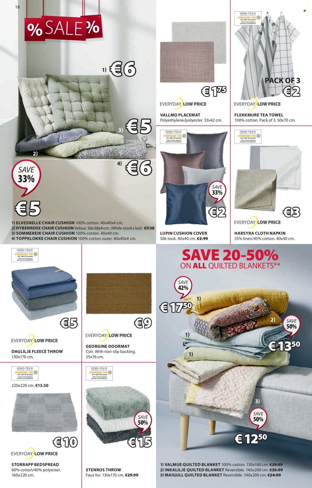 thumbnail - JYSK offer  - 24.12.2021 - 05.01.2022 - Sales products - chair, cushion, placemat, napkins, tea towels, bedspread, blanket, linens, fleece throw, door mat. Page 18.