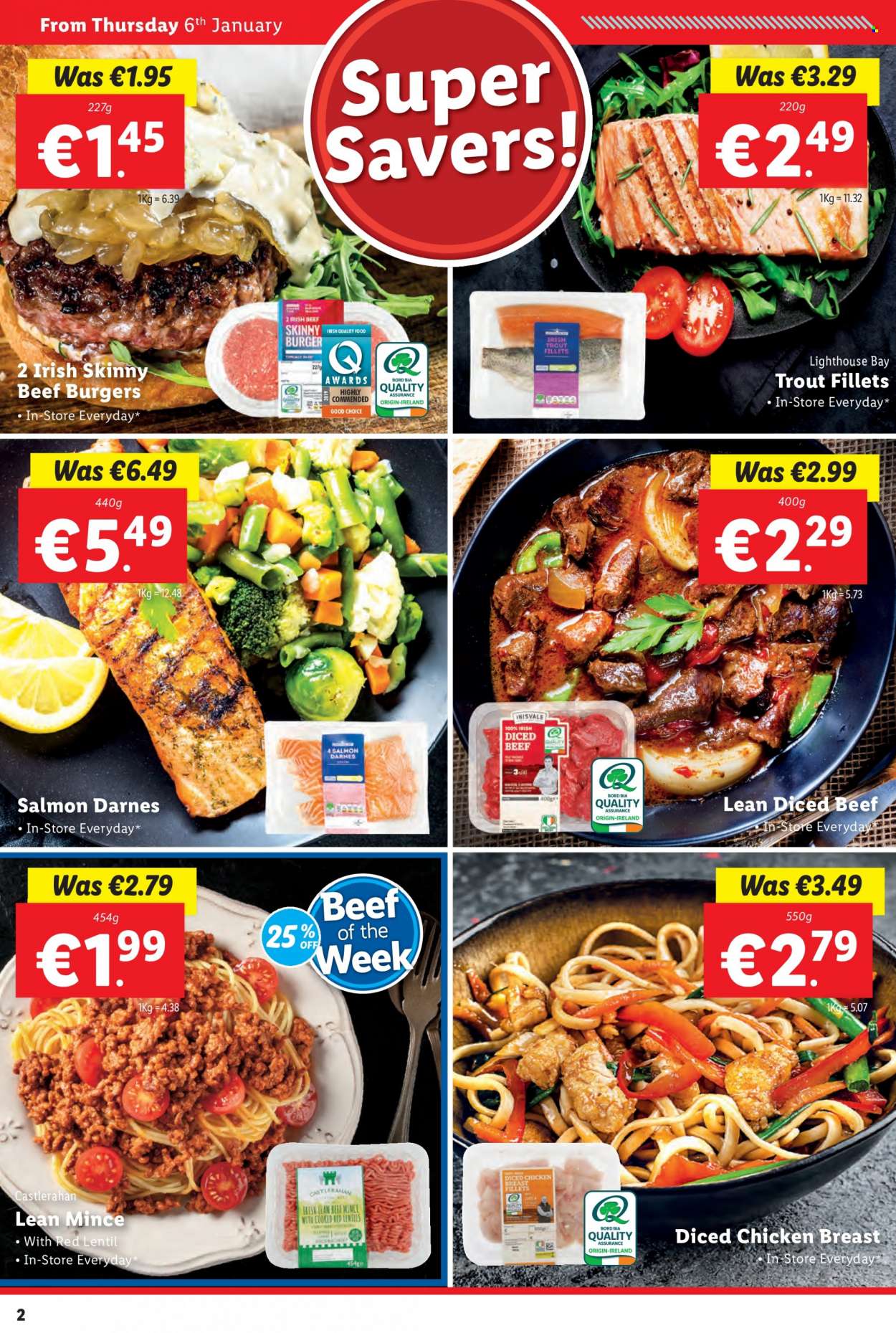 thumbnail - Lidl offer  - 06.01.2022 - 12.01.2022 - Sales products - salmon, trout, hamburger, beef burger, lentils, red lentils, chicken breasts, beef meat, ground beef, diced beef. Page 2.