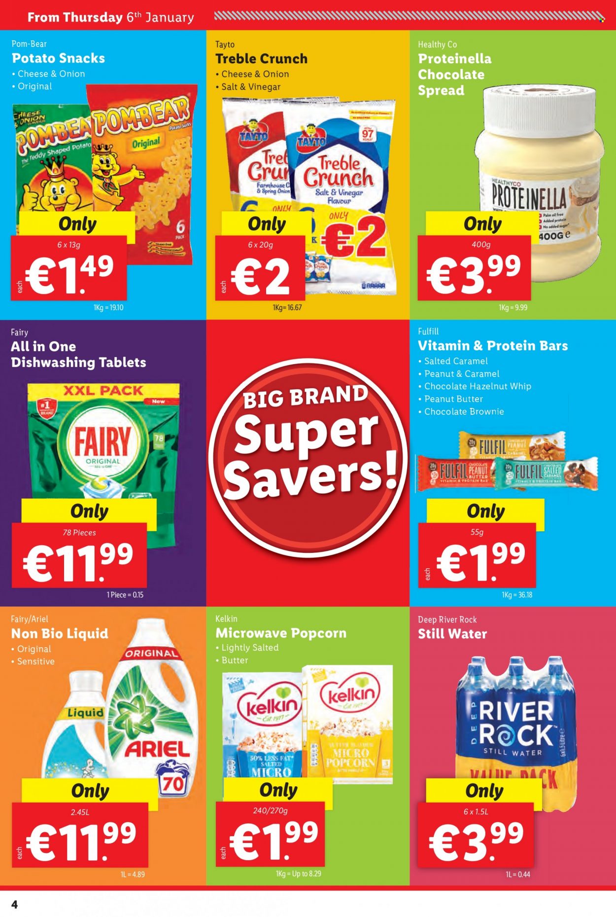 thumbnail - Lidl offer  - 06.01.2022 - 12.01.2022 - Sales products - brownies, green onion, chocolate, snack, Tayto, popcorn, protein bar, vinegar, palm oil, peanut butter, mineral water, bottled water, Fairy, Ariel. Page 4.