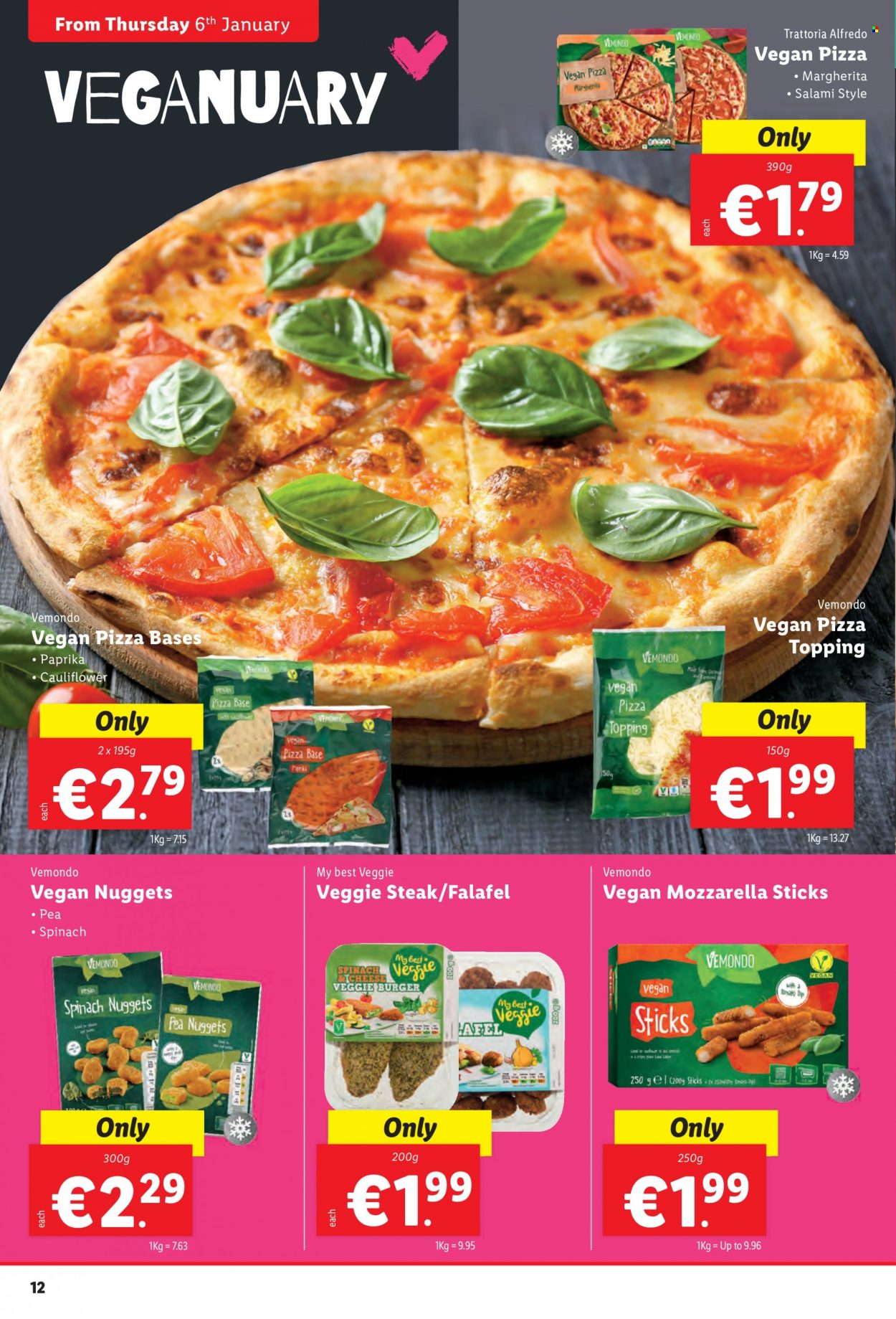 thumbnail - Lidl offer  - 06.01.2022 - 12.01.2022 - Sales products - nuggets, veggie burger, salami, pizza dough, topping, steak. Page 12.