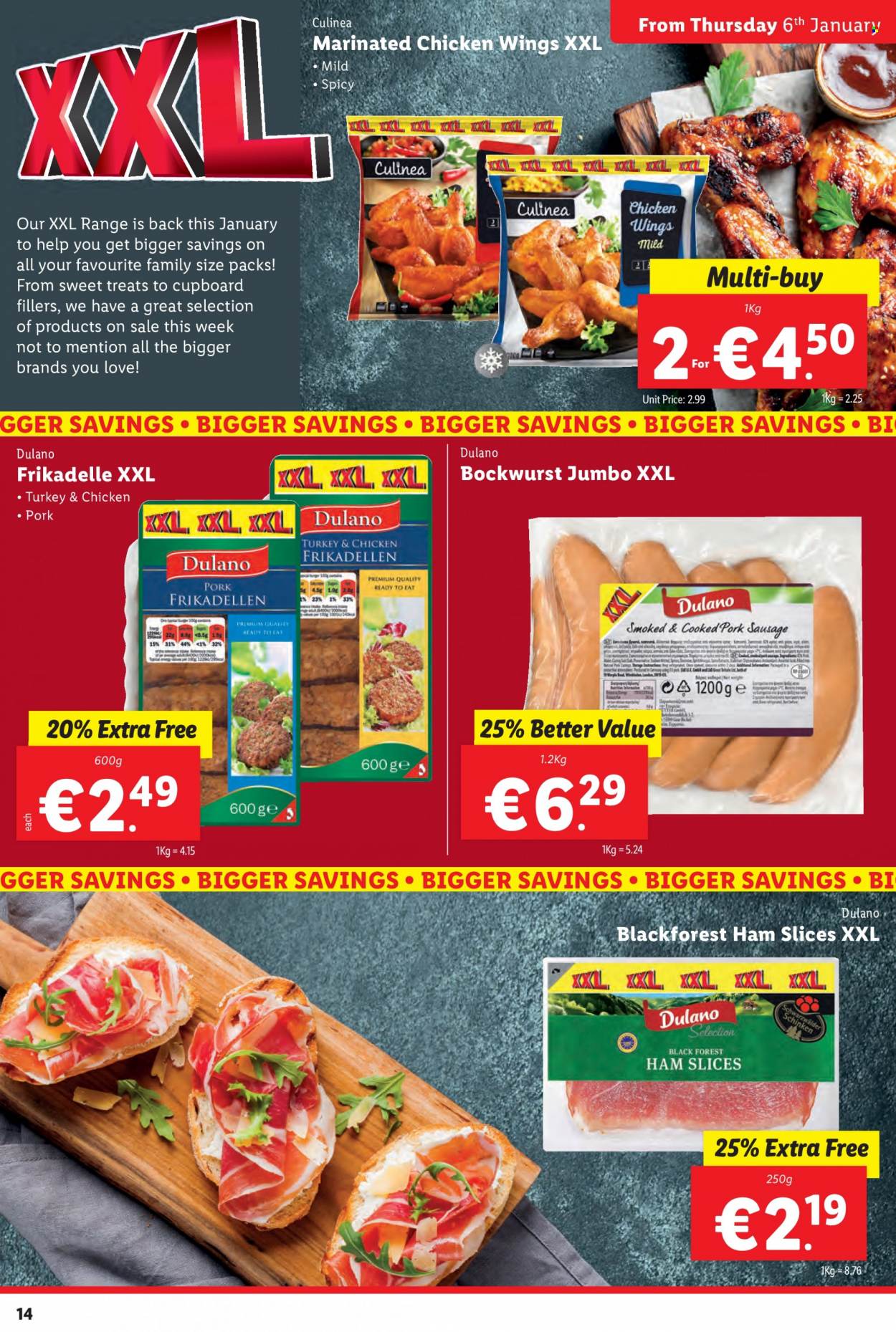 thumbnail - Lidl offer  - 06.01.2022 - 12.01.2022 - Sales products - ham, chicken wings, marinated chicken. Page 14.