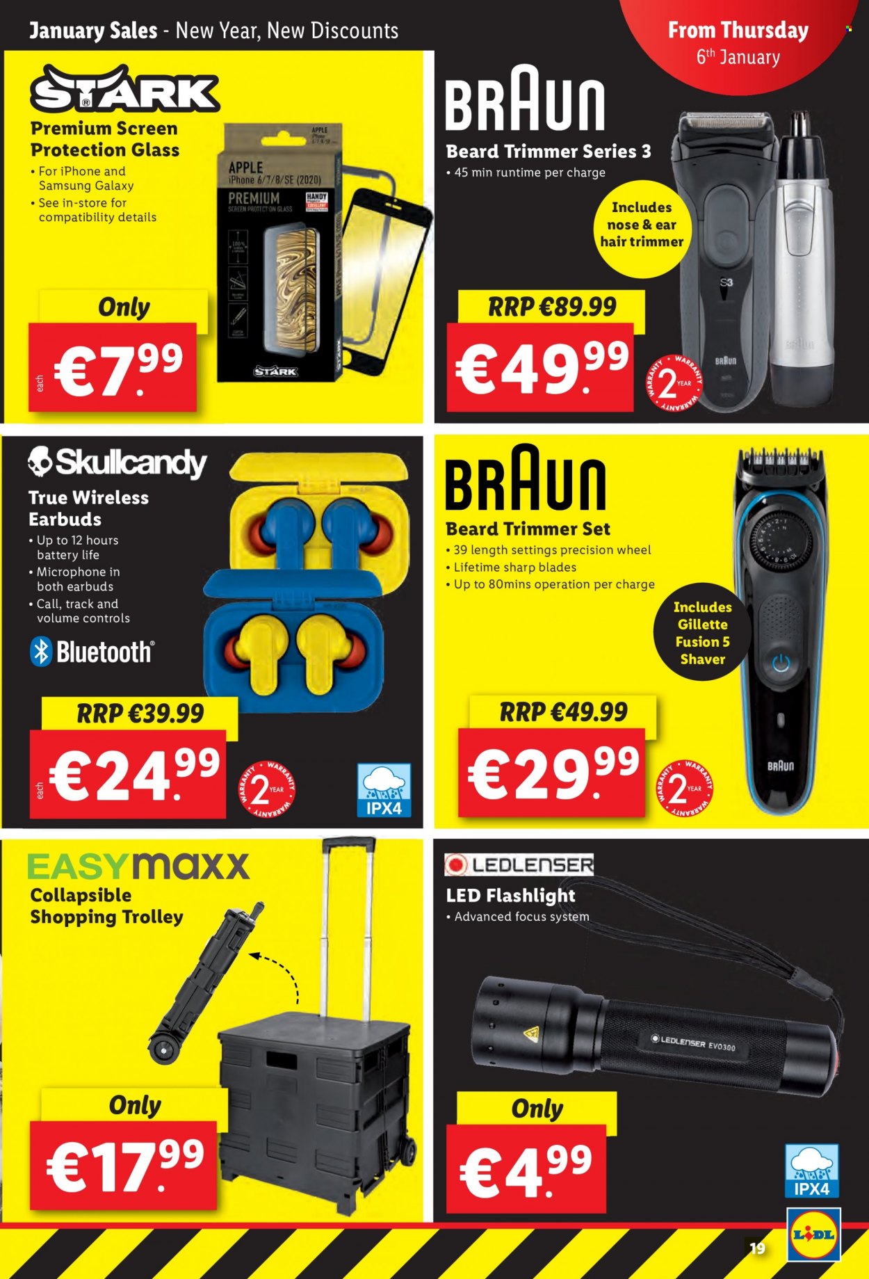 thumbnail - Lidl offer  - 06.01.2022 - 12.01.2022 - Sales products - trolley, Samsung Galaxy, Gillette, shaver, trimmer, Sharp, iPhone, microphone, earbuds, flashlight. Page 19.