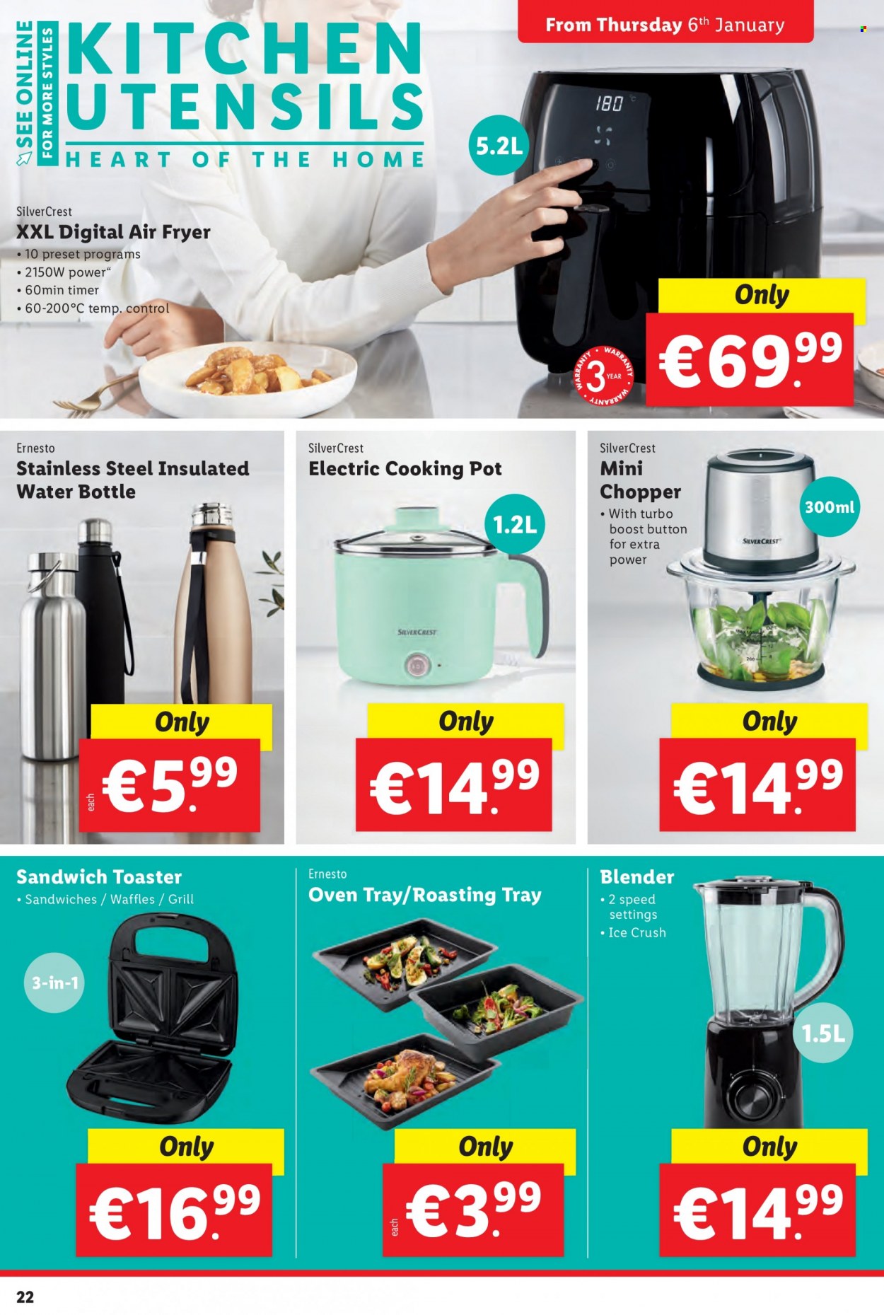 thumbnail - Lidl offer  - 06.01.2022 - 12.01.2022 - Sales products - SilverCrest, waffles, sandwich, Boost, Ernesto, tray, utensils, pot, drink bottle, handy chopper, oven, blender, air fryer, toaster, grill. Page 22.