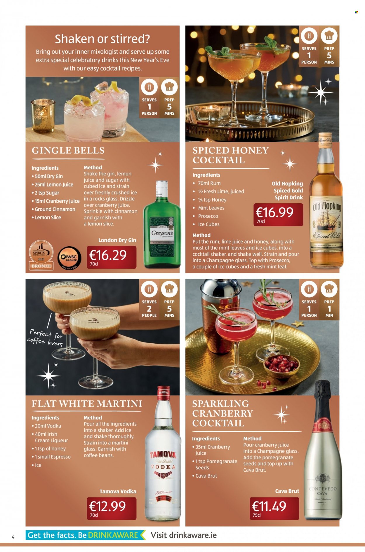thumbnail - Aldi offer  - 27.12.2021 - 05.01.2022 - Sales products - pomegranate, ice cubes, honey, cranberry juice, lemon juice, coffee beans, champagne, prosecco, gin, liqueur, rum, vodka, irish cream, Martini, shaker, champagne glass. Page 4.
