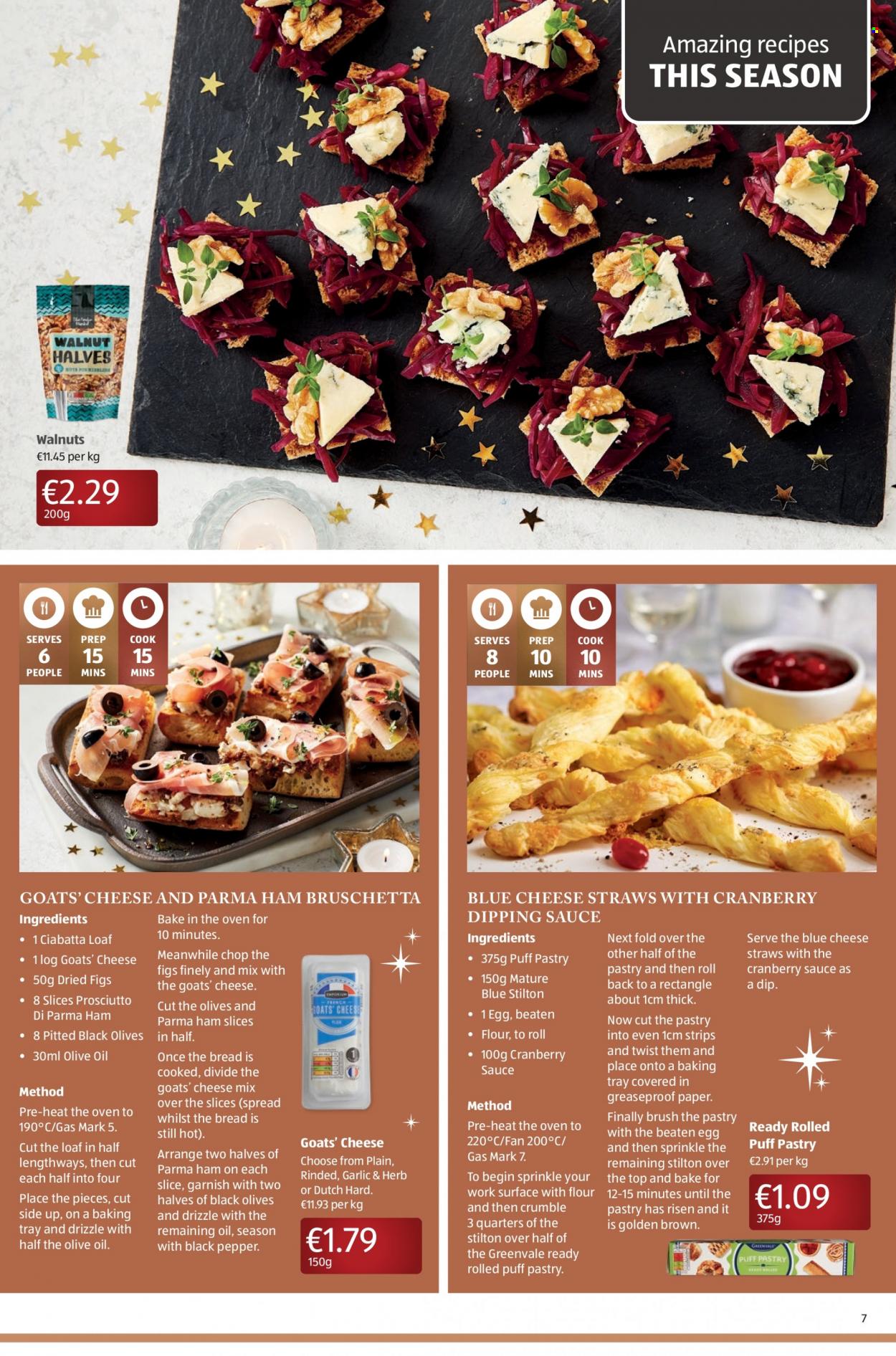 thumbnail - Aldi offer  - 27.12.2021 - 05.01.2022 - Sales products - ciabatta, figs, ham, prosciutto, blue cheese, Stilton, cheese, eggs, olives, olive oil, cranberry sauce, walnuts, dried figs, brush, baking tray, straw, paper. Page 7.