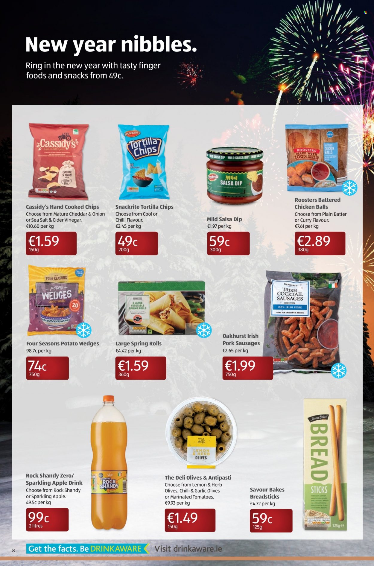 thumbnail - Aldi offer  - 27.12.2021 - 05.01.2022 - Sales products - tomatoes, spring rolls, sausage, cheese, dip, potato wedges, bread sticks, tortilla chips, chips, olives, salsa, apple cider vinegar, cider. Page 8.