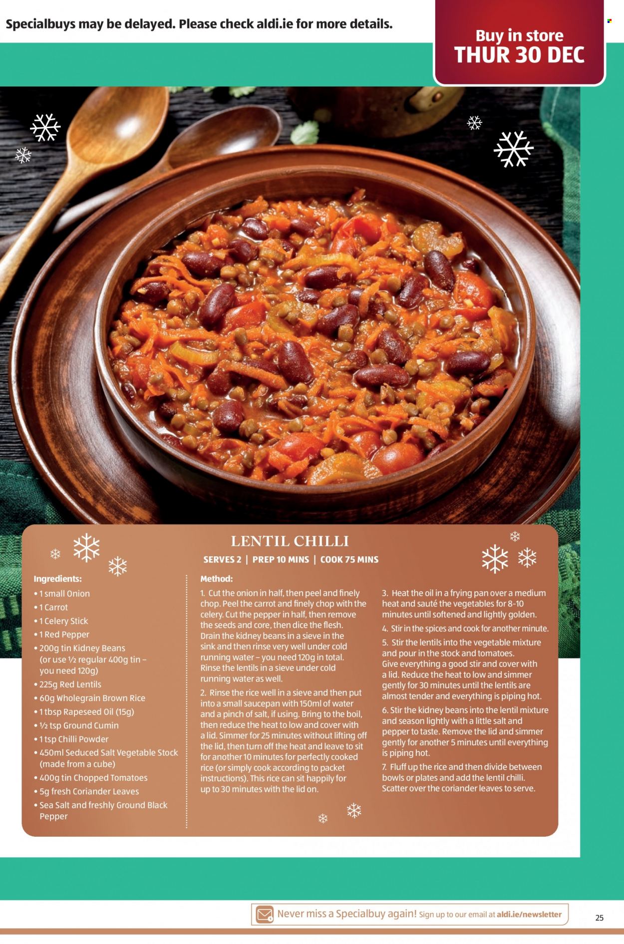 thumbnail - Aldi offer  - 27.12.2021 - 05.01.2022 - Sales products - vegetable stock, sea salt, lentils, kidney beans, chopped tomatoes, brown rice, rice, red lentils, cumin, coriander, chilli powder, lid, plate, pan, saucepan. Page 25.