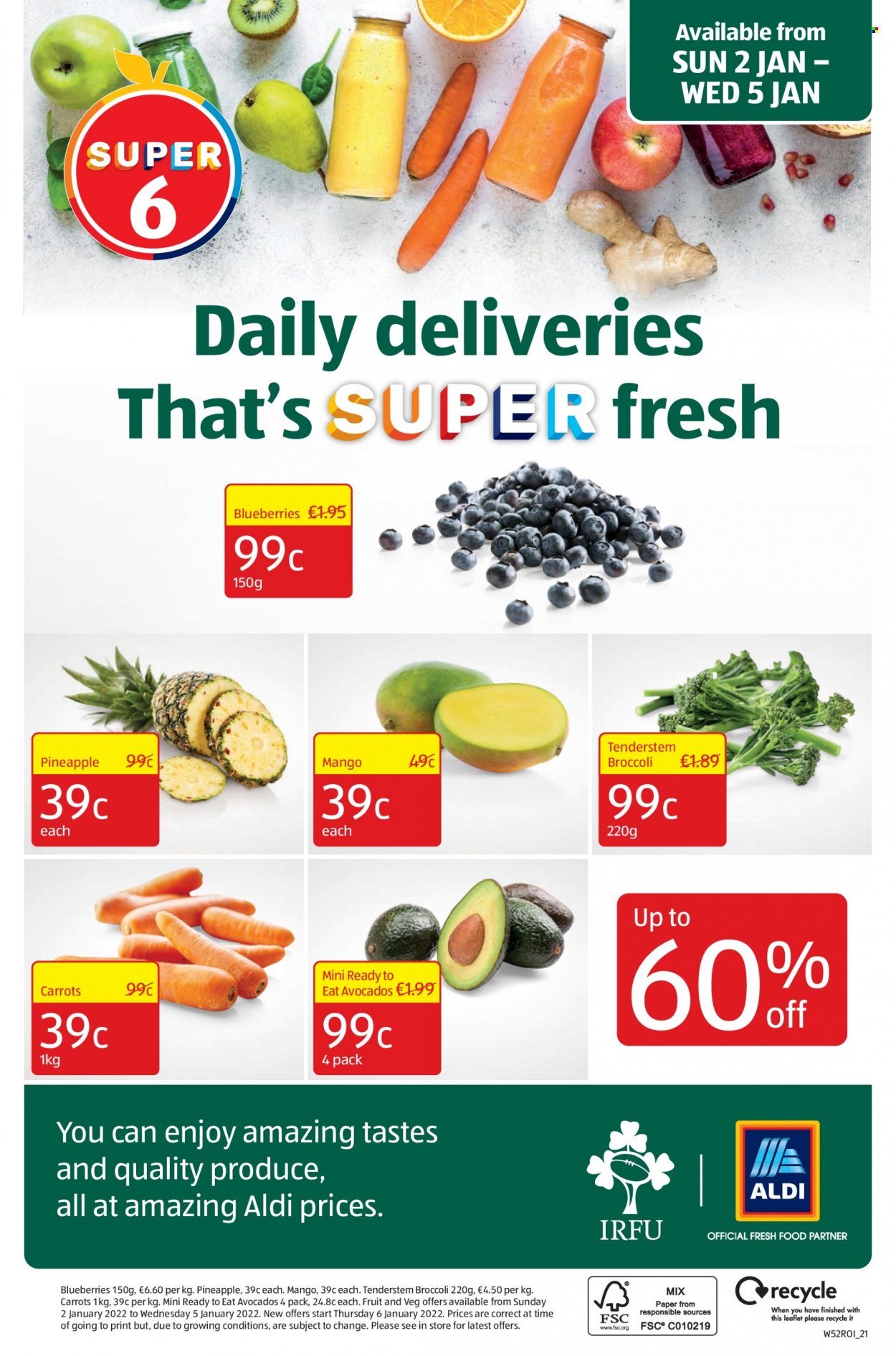 thumbnail - Aldi offer  - 27.12.2021 - 05.01.2022 - Sales products - broccoli, carrots, avocado, blueberries, mango, pineapple. Page 32.