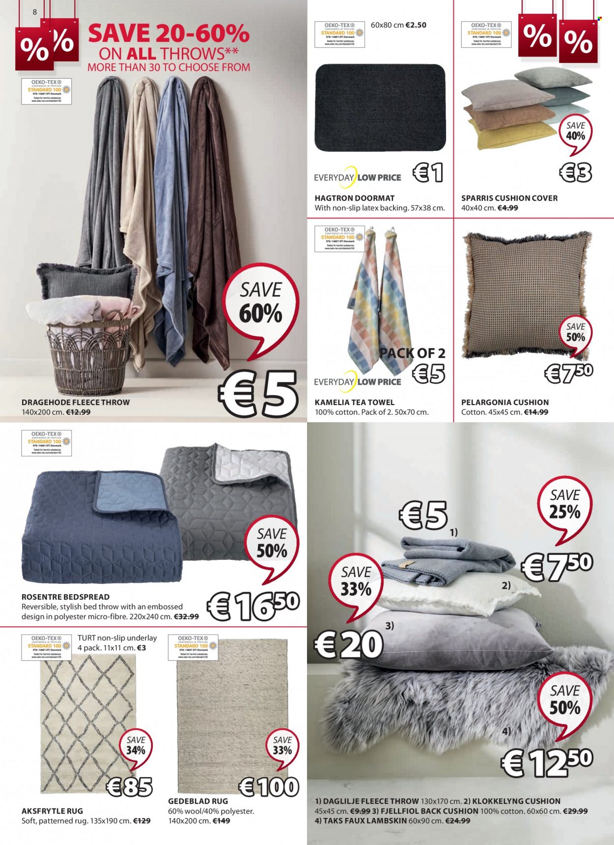 thumbnail - JYSK offer  - 30.12.2021 - 12.01.2022 - Sales products - cushion, faux lambskin, tea towels, bedspread, fleece throw, door mat, rug. Page 8.
