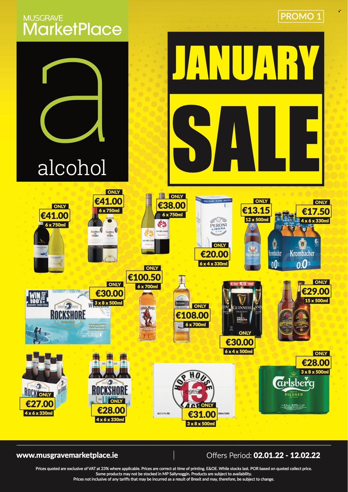 thumbnail - MUSGRAVE Market Place offer  - 02.01.2022 - 12.02.2022 - Sales products - Jacobs, alcohol, Kopparberg, beer, Peroni, Lager, Rockshore. Page 1.