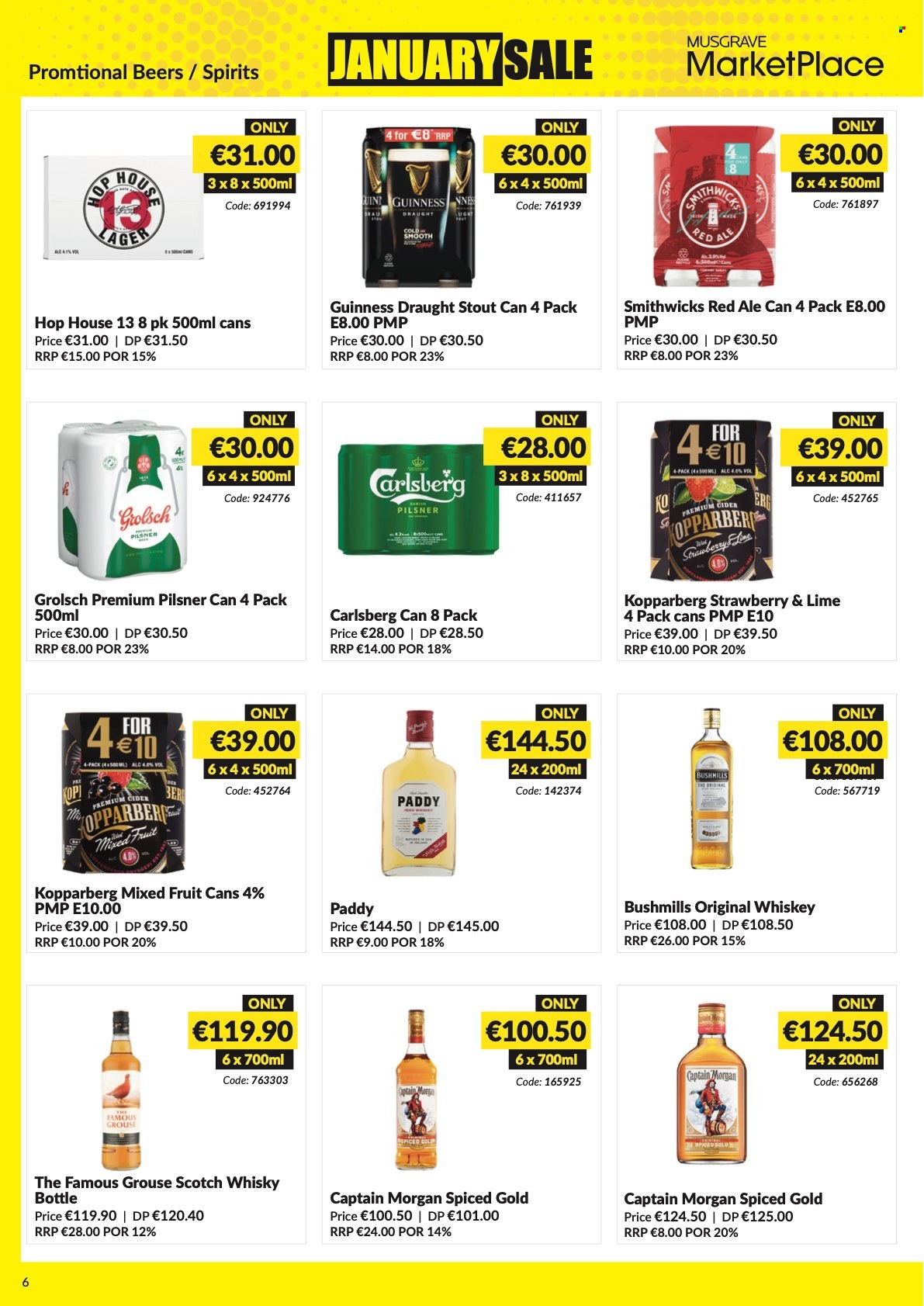 thumbnail - MUSGRAVE Market Place offer  - 02.01.2022 - 12.02.2022 - Sales products - Captain Morgan, whiskey, Kopparberg, The Famous Grouse, scotch whisky, whisky, Carlsberg, Guinness, Grolsch. Page 6.