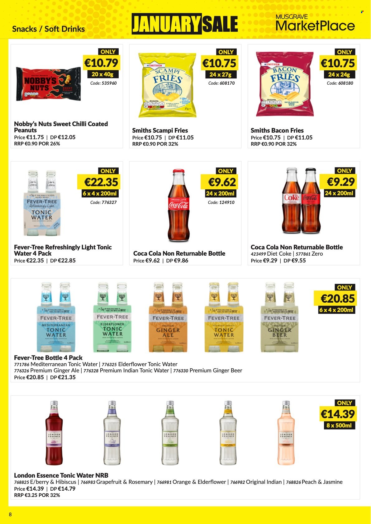 thumbnail - MUSGRAVE Market Place offer  - 02.01.2022 - 12.02.2022 - Sales products - grapefruits, oranges, bacon, potato fries, snack, Coca-Cola, ginger ale, tonic, Diet Coke, soft drink, beer, ginger beer. Page 8.