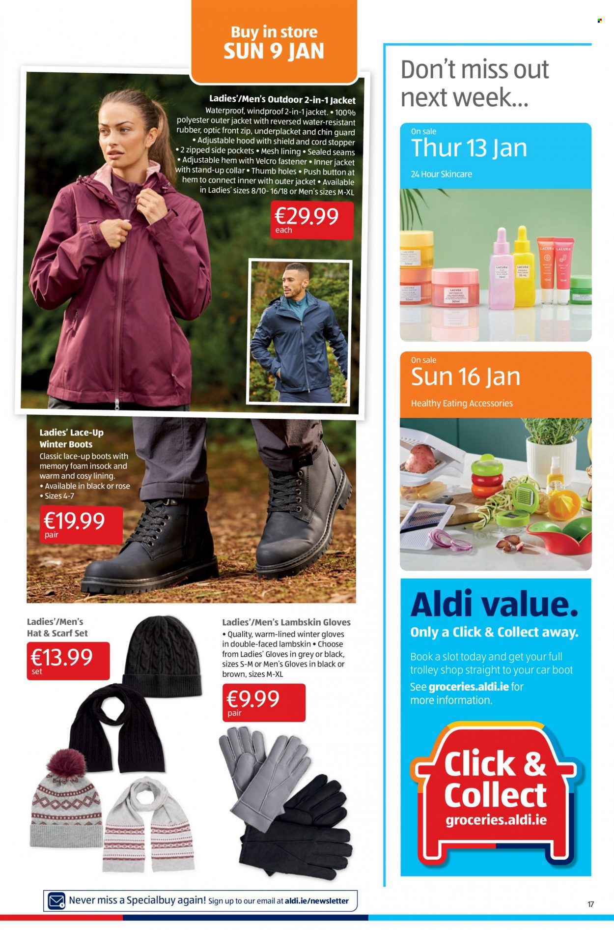 thumbnail - Aldi offer  - 06.01.2022 - 12.01.2022 - Sales products - boots, winter boots, wine, rosé wine, gloves, trolley, eraser, book, jacket, scarf, hat, rose. Page 17.